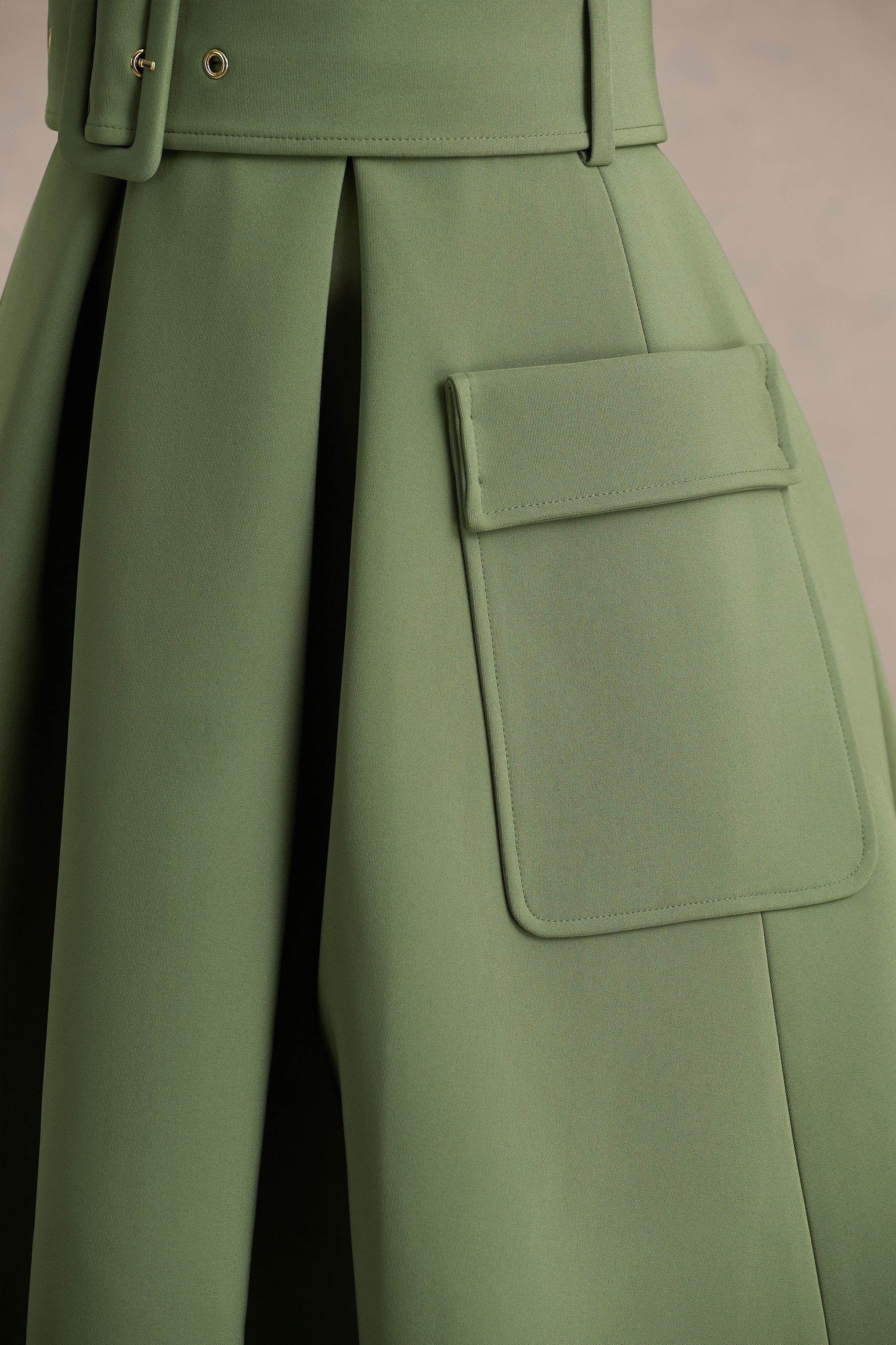 Elisia | Olive Crew-Neck Belted Midi Dress