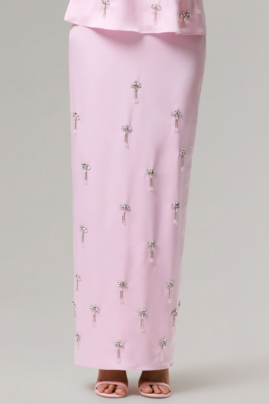 Lena | Pink Satin Embellished Maxi Skirt