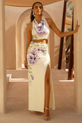 Stassi | Lilac Floral Placement Print Ruched Split Maxi Skirt
