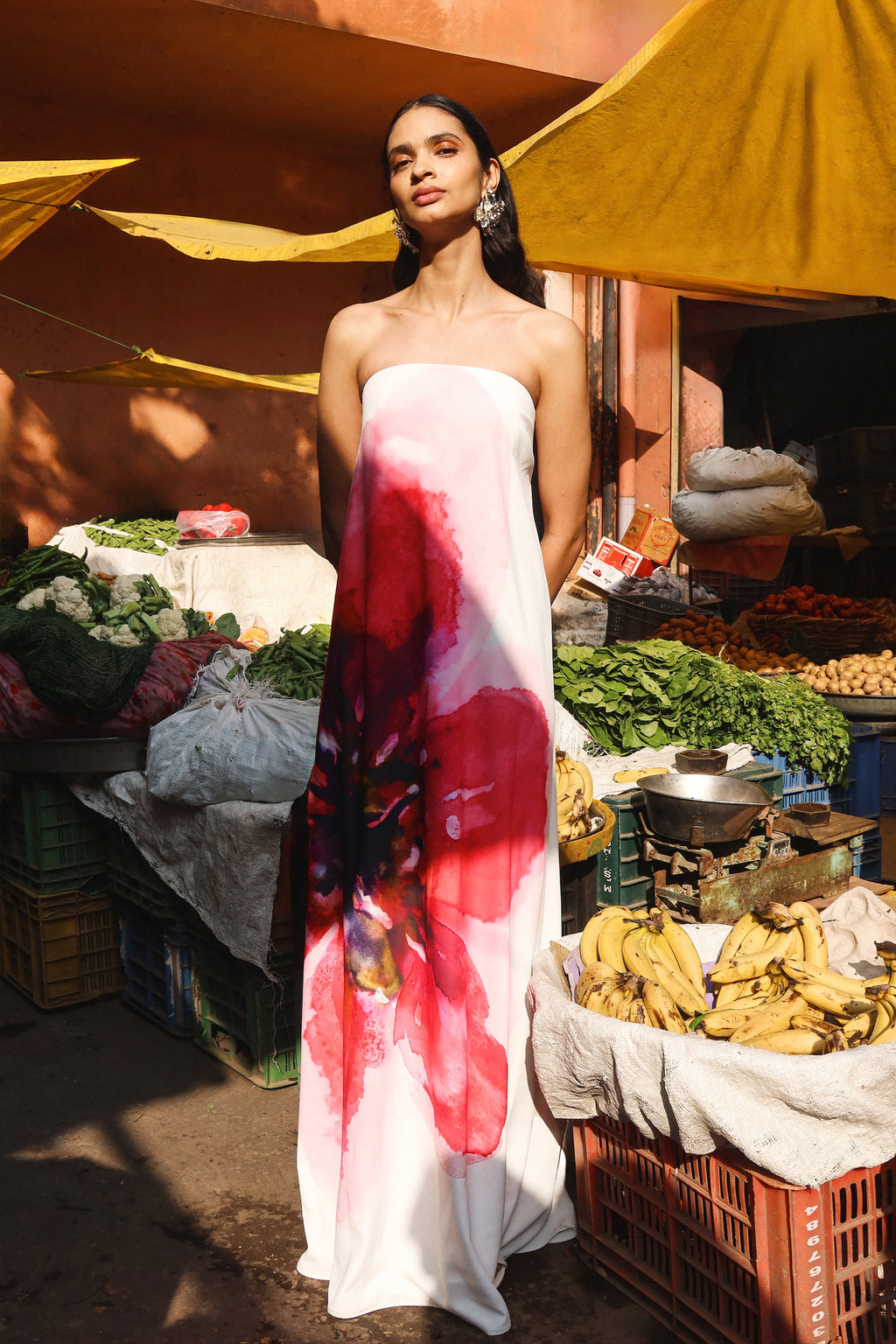 Breonna | Bright Pink Floral Placement Print Bandeau Maxi Dress