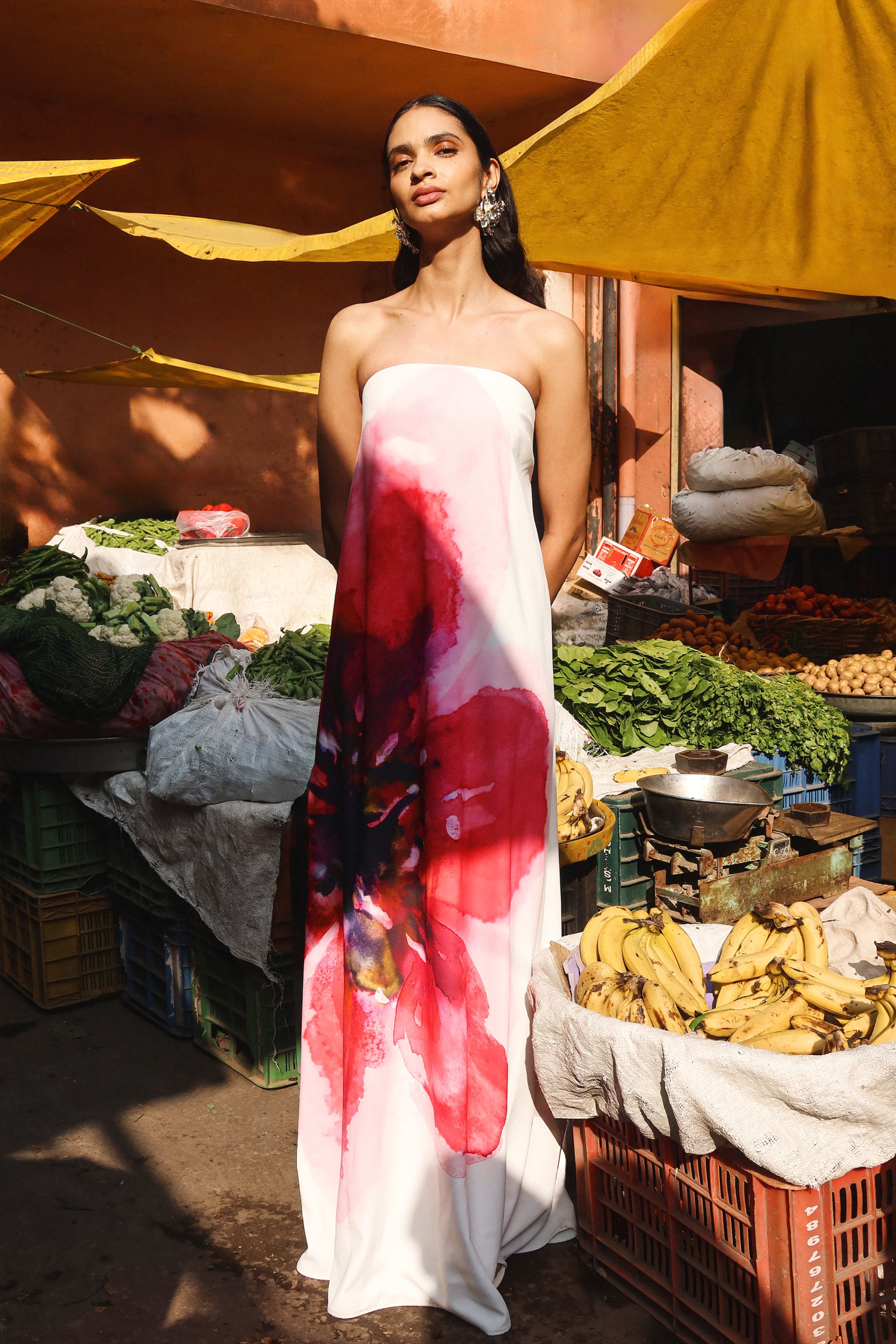 Breonna | Bright Pink Floral Placement Print Bandeau Maxi Dress