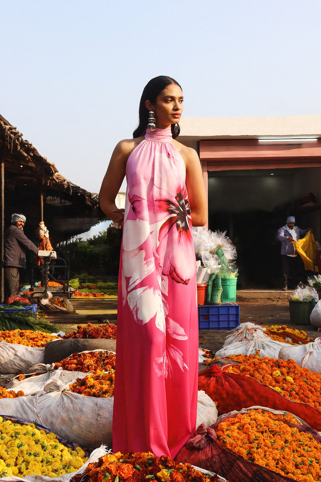 Leia | Pink Lily Print High-Neck Maxi Dress