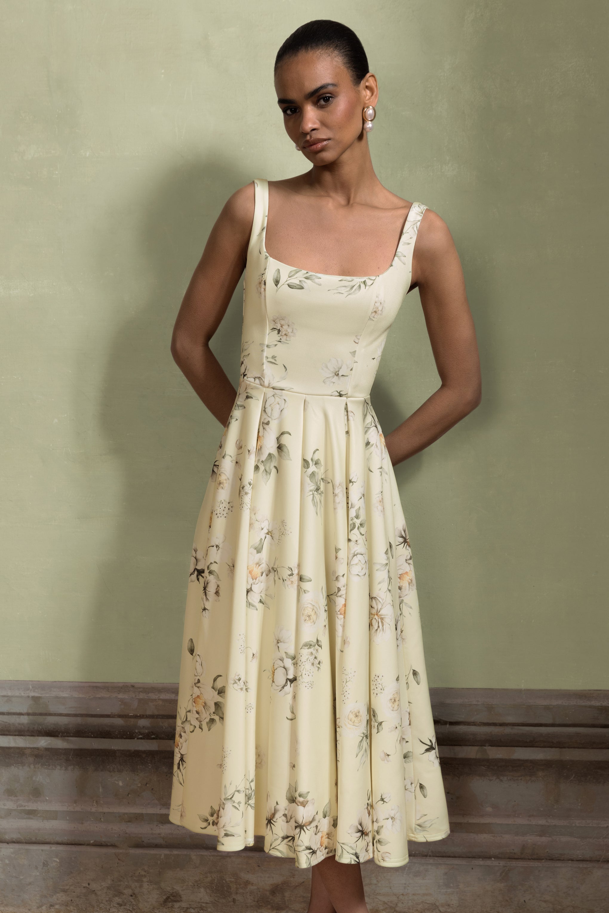 Lissa | Lemon Floral Bouquet Print Square-Neck Midi Dress