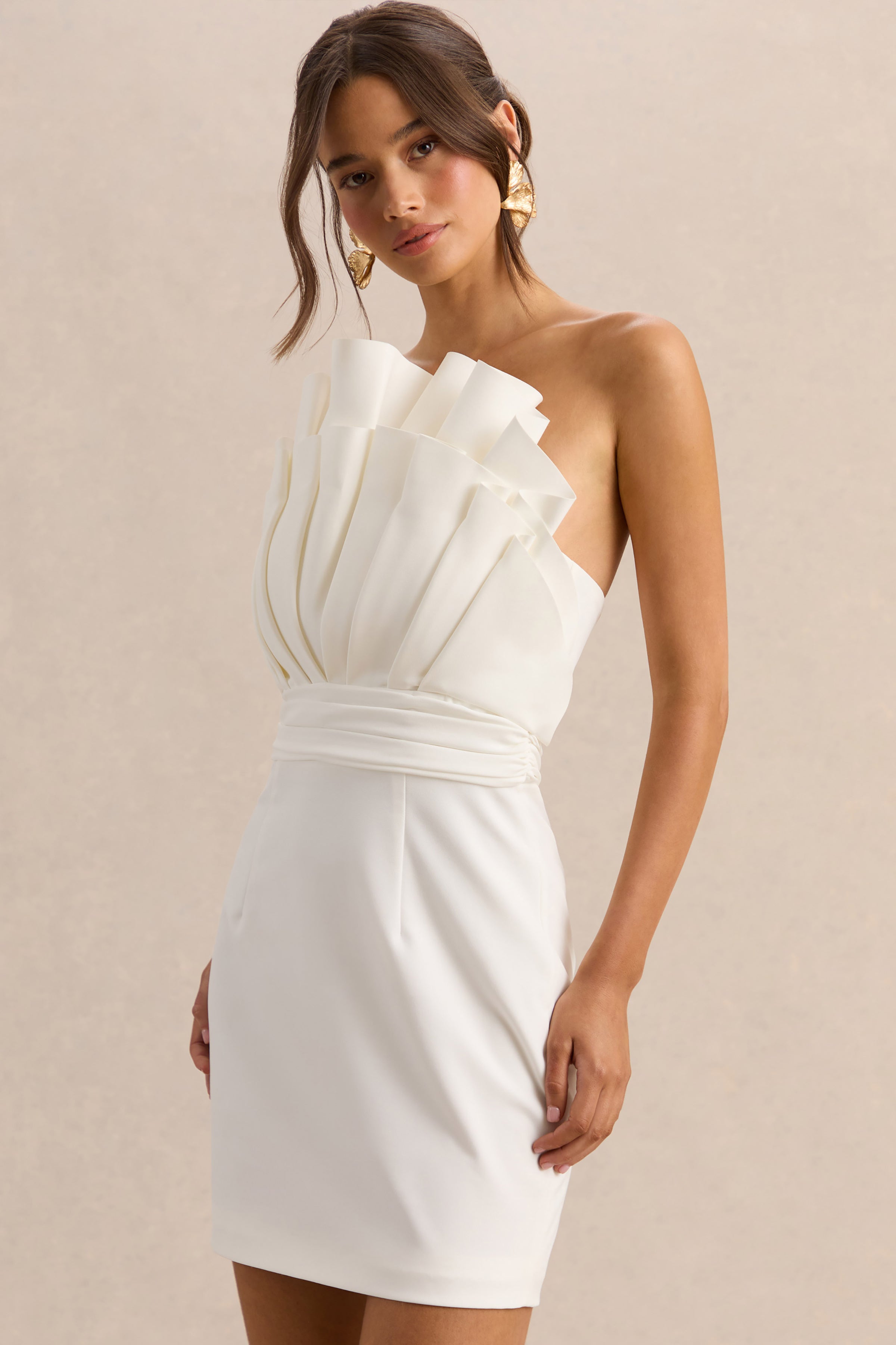 Pastoral | White Ruffled Asymmetric-Neck Mini Dress
