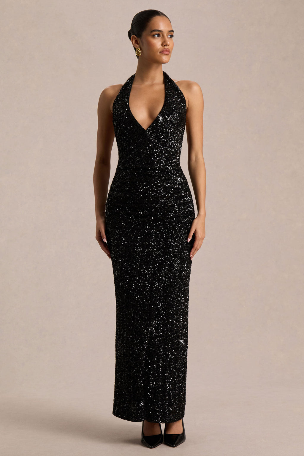Gio | Black Sequin Plunge-Neck Wrap Maxi Dress With Ruched Detailing