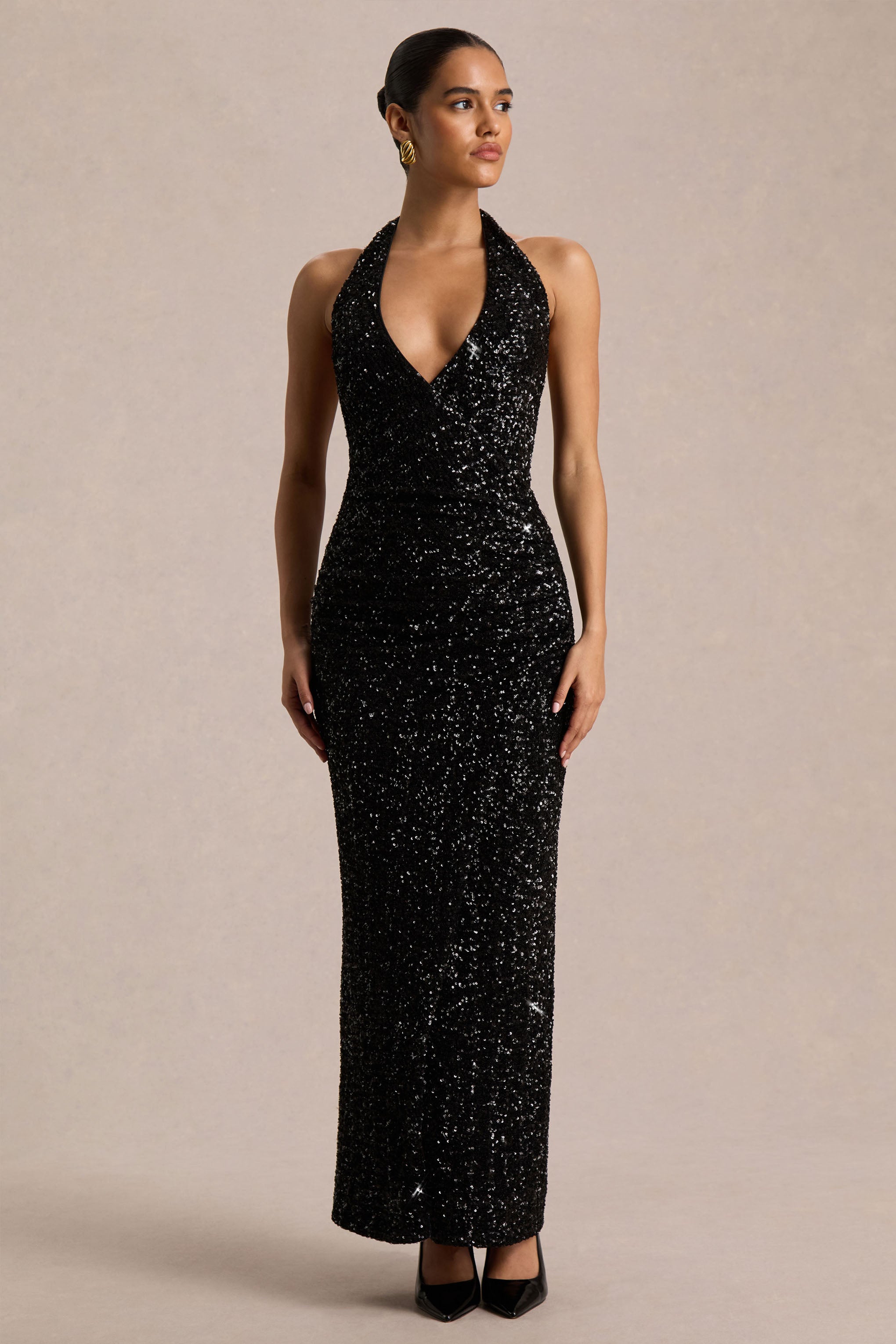 Gio | Black Sequin Plunge-Neck Wrap Maxi Dress With Ruched Detailing