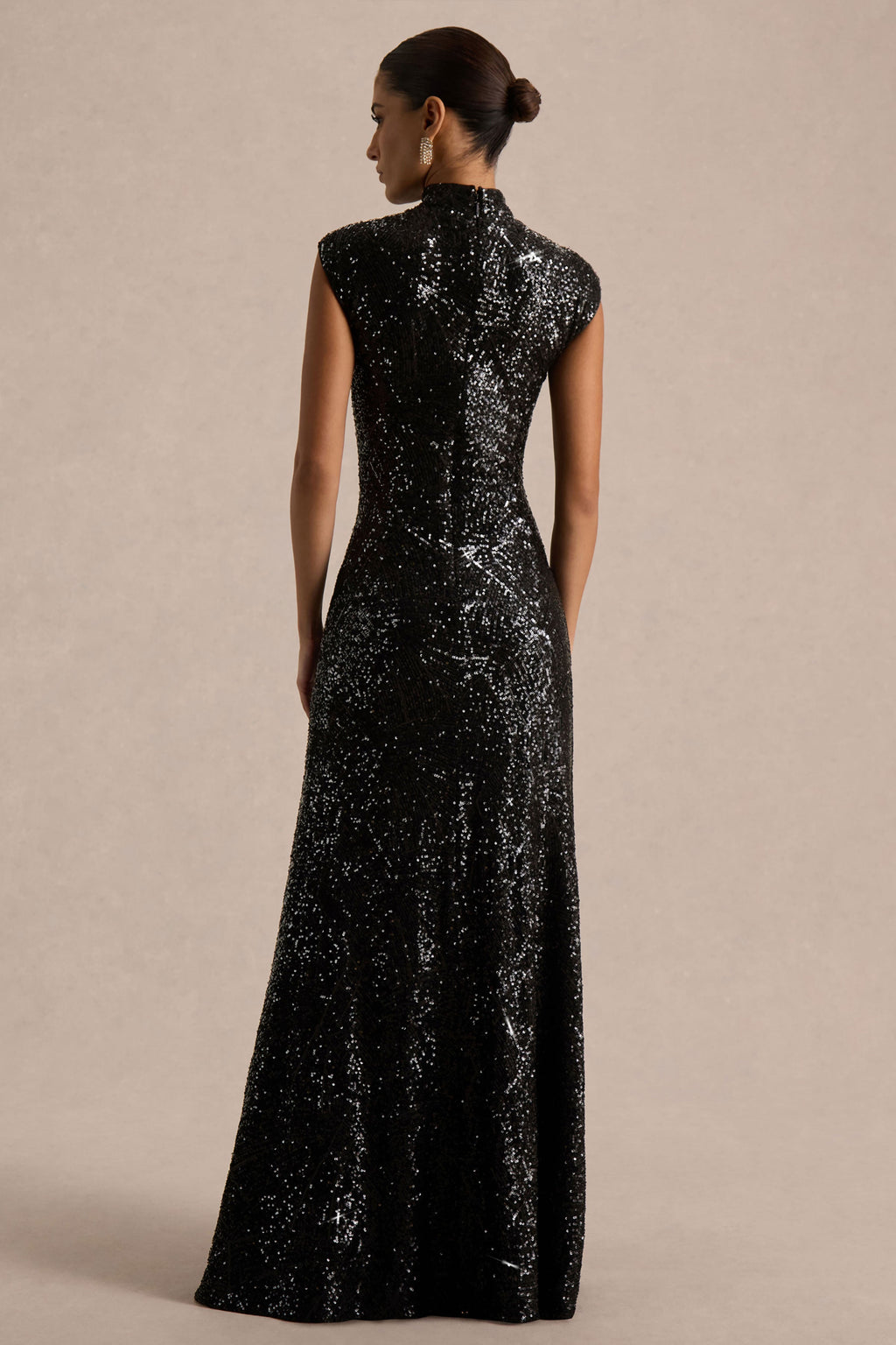 Cecy | Black Sequin High-Neck Maxi Dress With Cap Sleeves