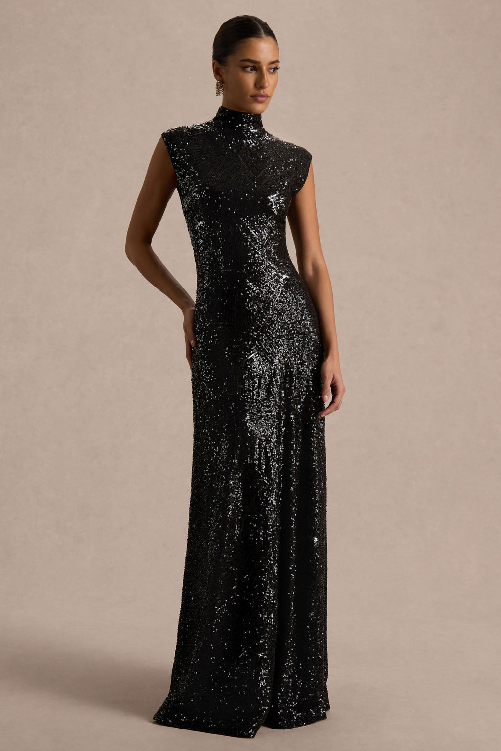 Cecy | Black Sequin High-Neck Maxi Dress With Cap Sleeves
