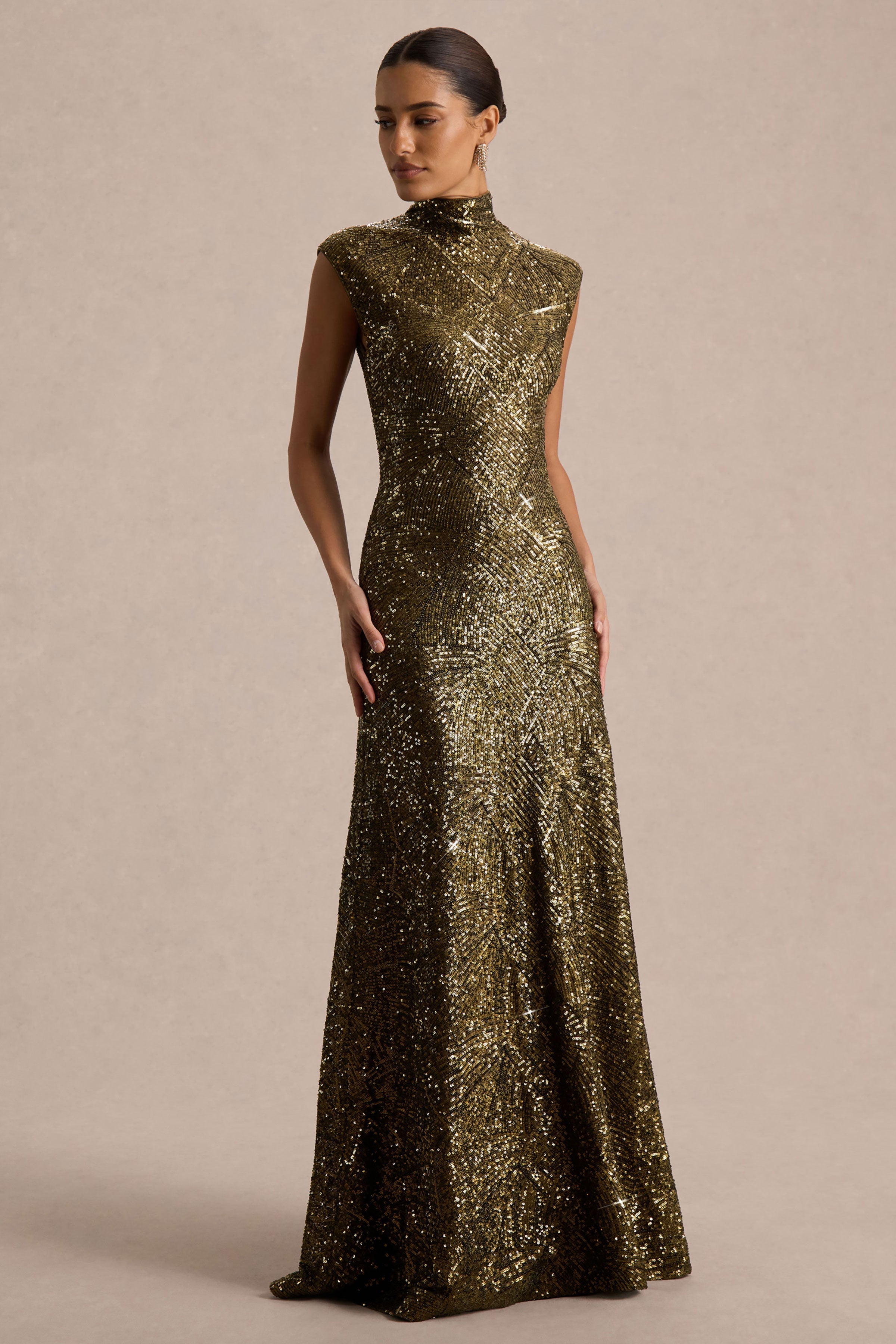Cecy | Khaki Sequin High-Neck Maxi Dress With Cap Sleeves