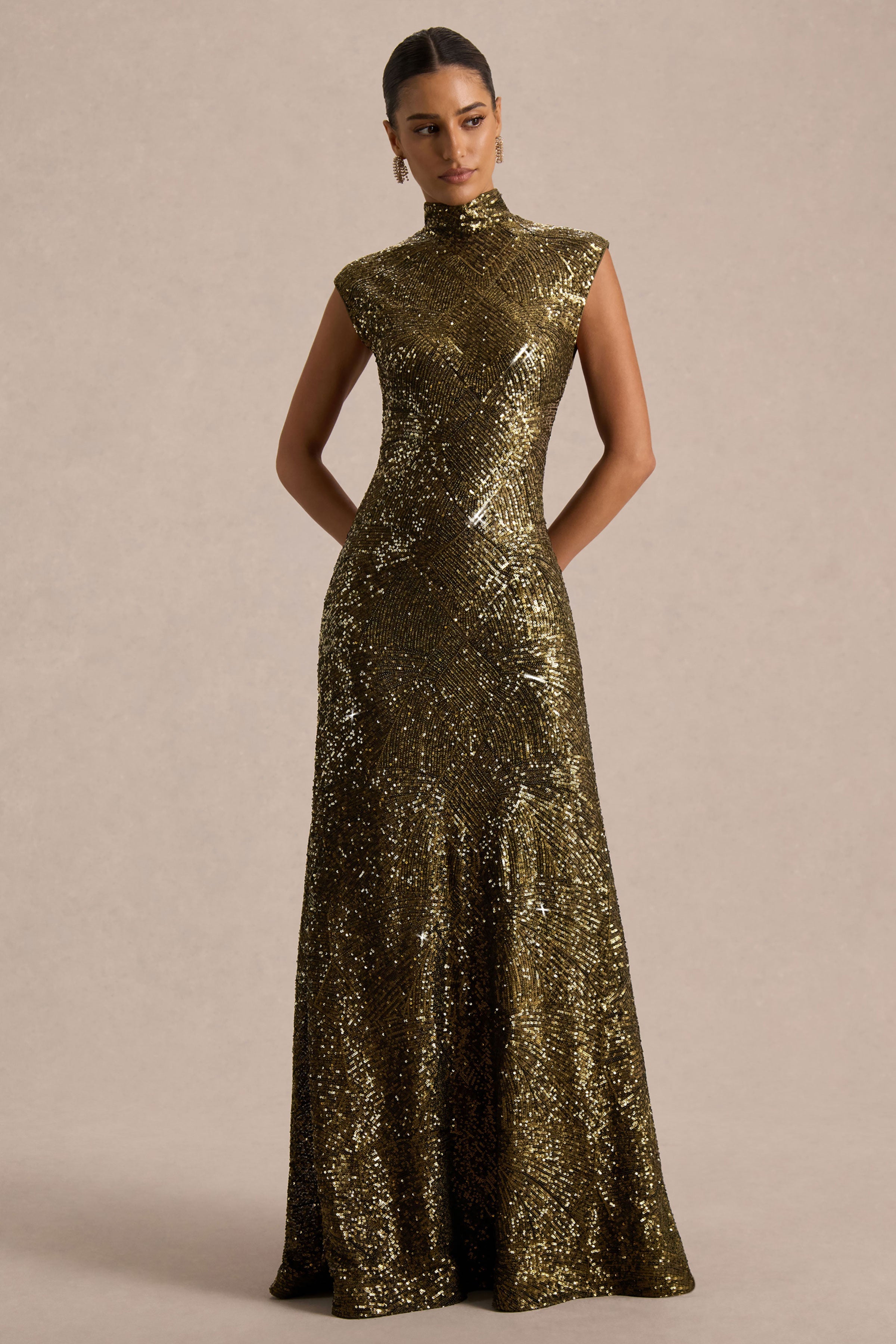 Cecy | Khaki Sequin High-Neck Maxi Dress With Cap Sleeves