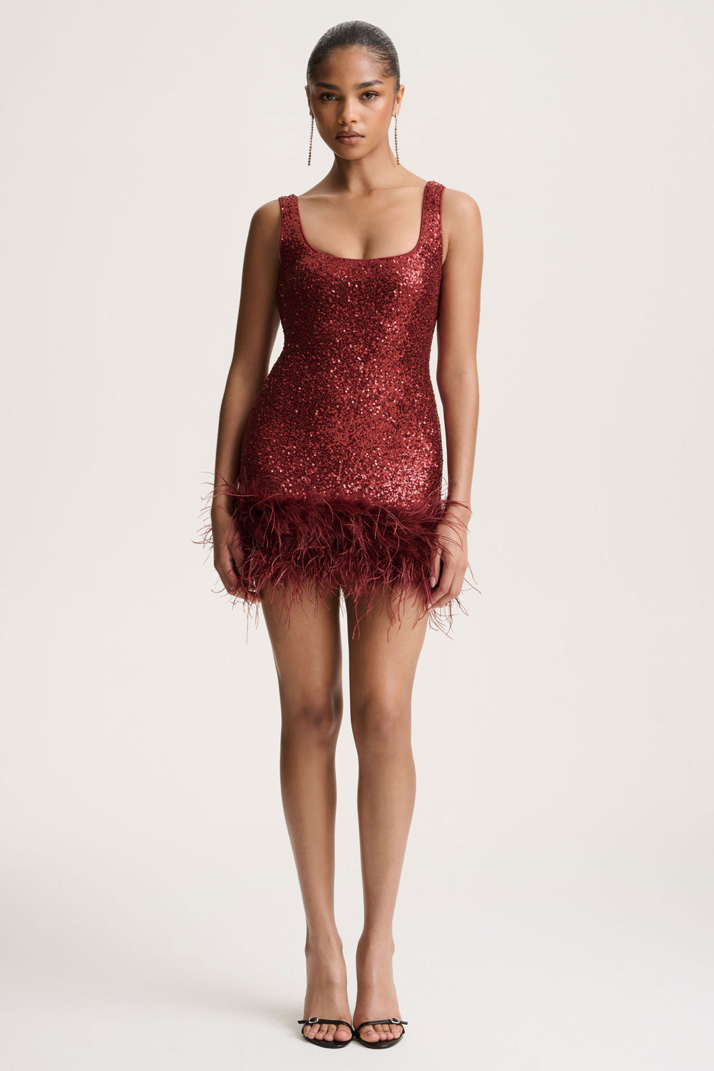 Rosalinda | Burgundy Sequin Square-Neck Mini Dress With Feather Trim