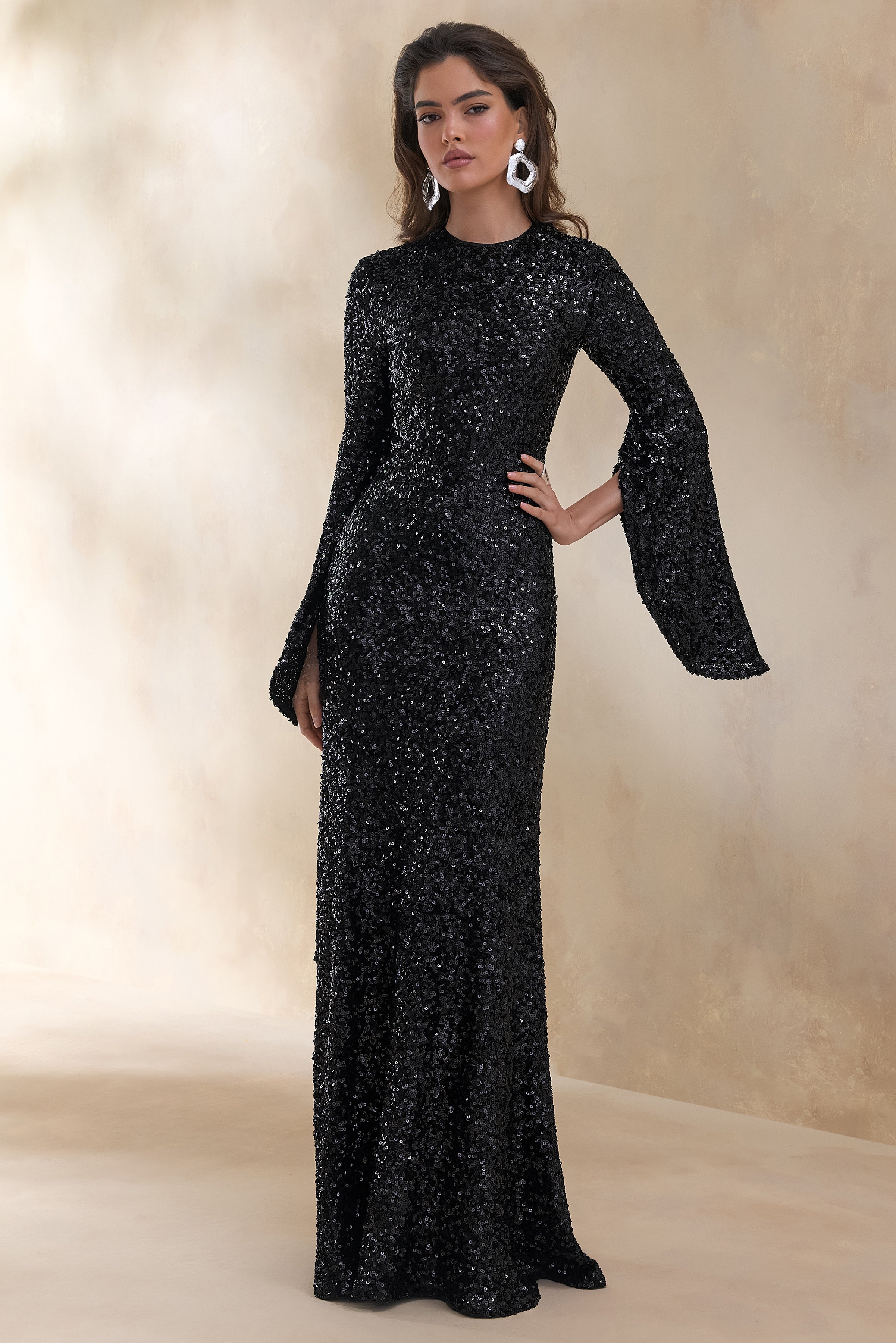 Romea | Black Sequin High-Neck Maxi Dress With Cape Sleeves