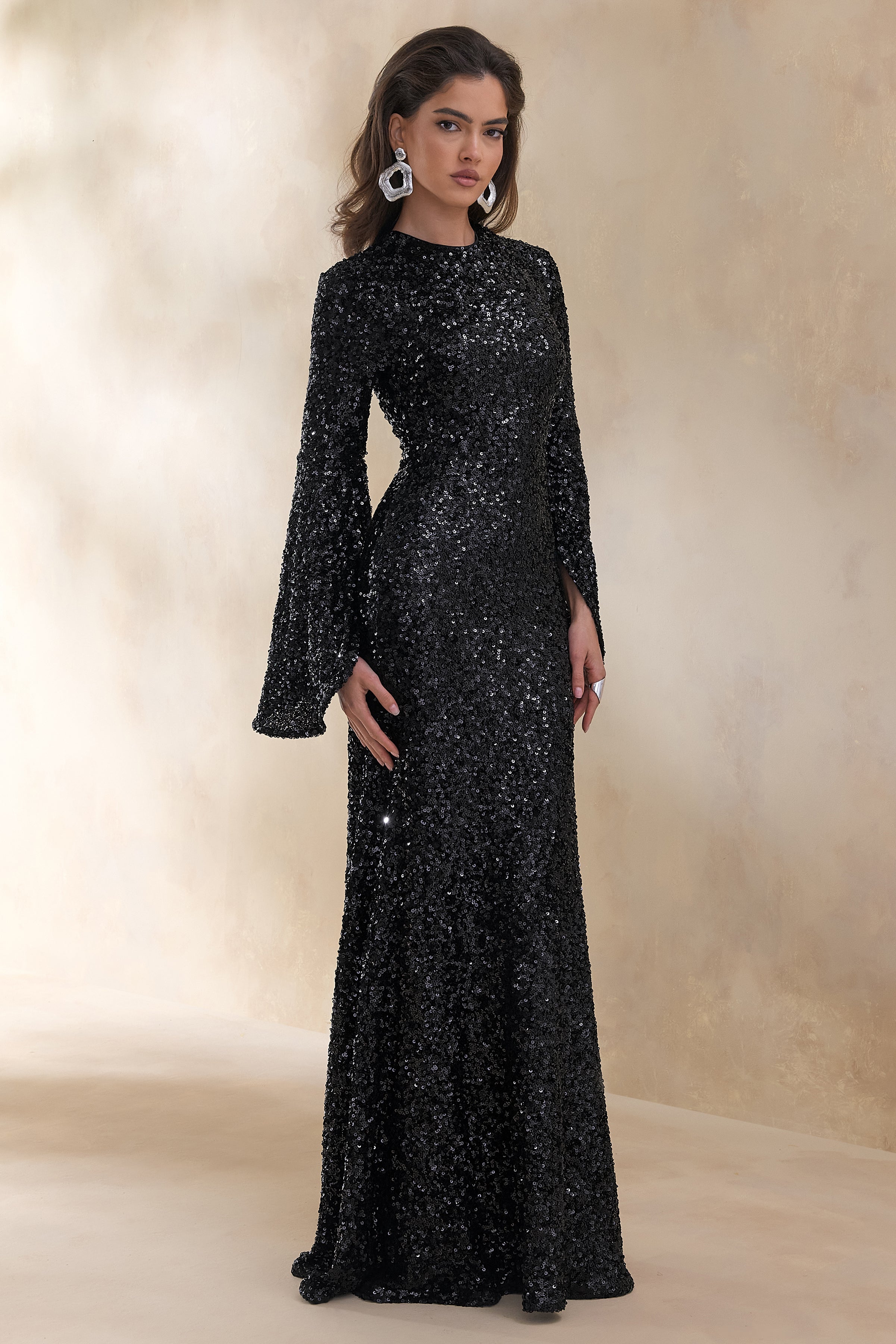 Romea | Black Sequin High-Neck Maxi Dress With Cape Sleeves