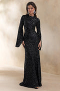 Romea | Black Sequin High-Neck Maxi Dress With Cape Sleeves