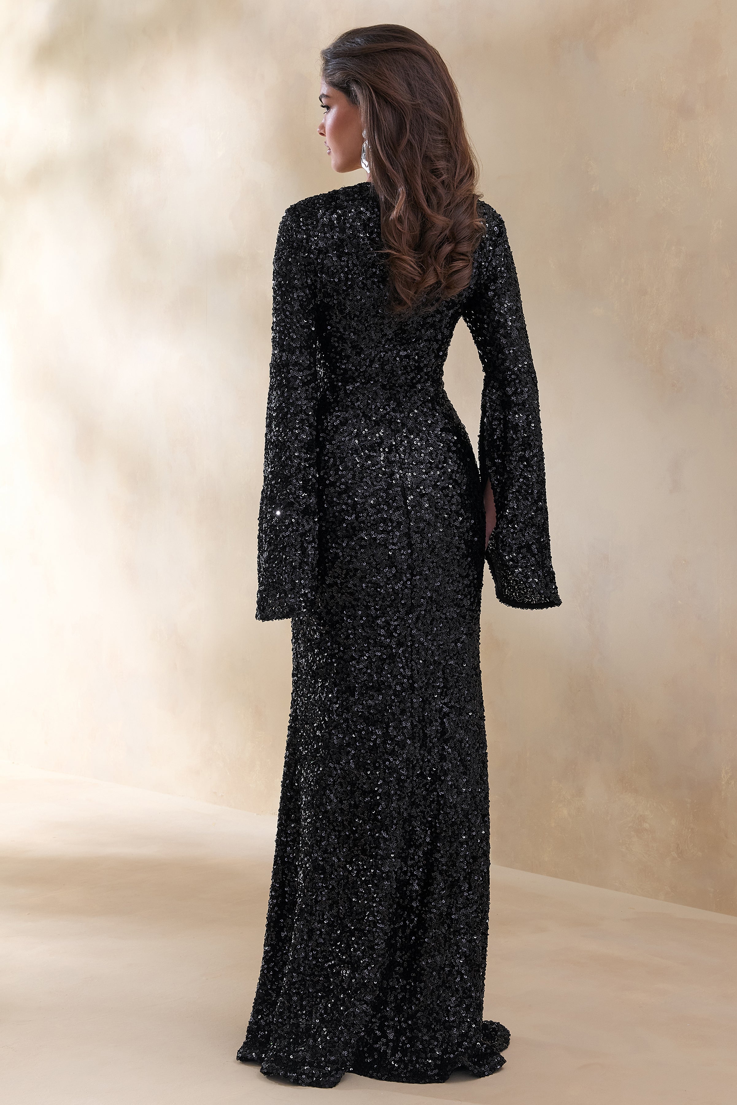 Romea | Black Sequin High-Neck Maxi Dress With Cape Sleeves