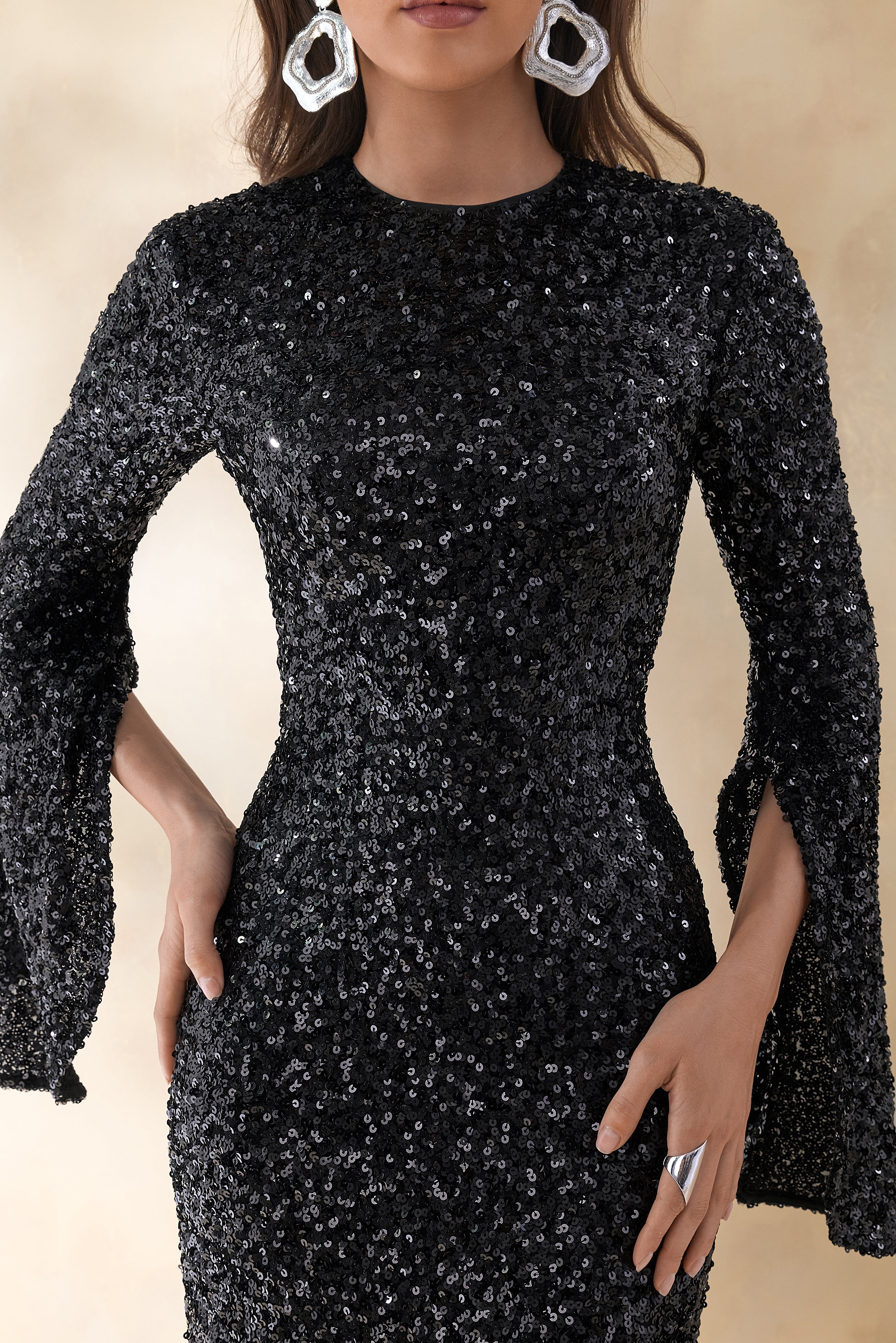 Romea | Black Sequin High-Neck Maxi Dress With Cape Sleeves