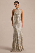Tulia | Gold Sequin High-Neck Maxi Dress