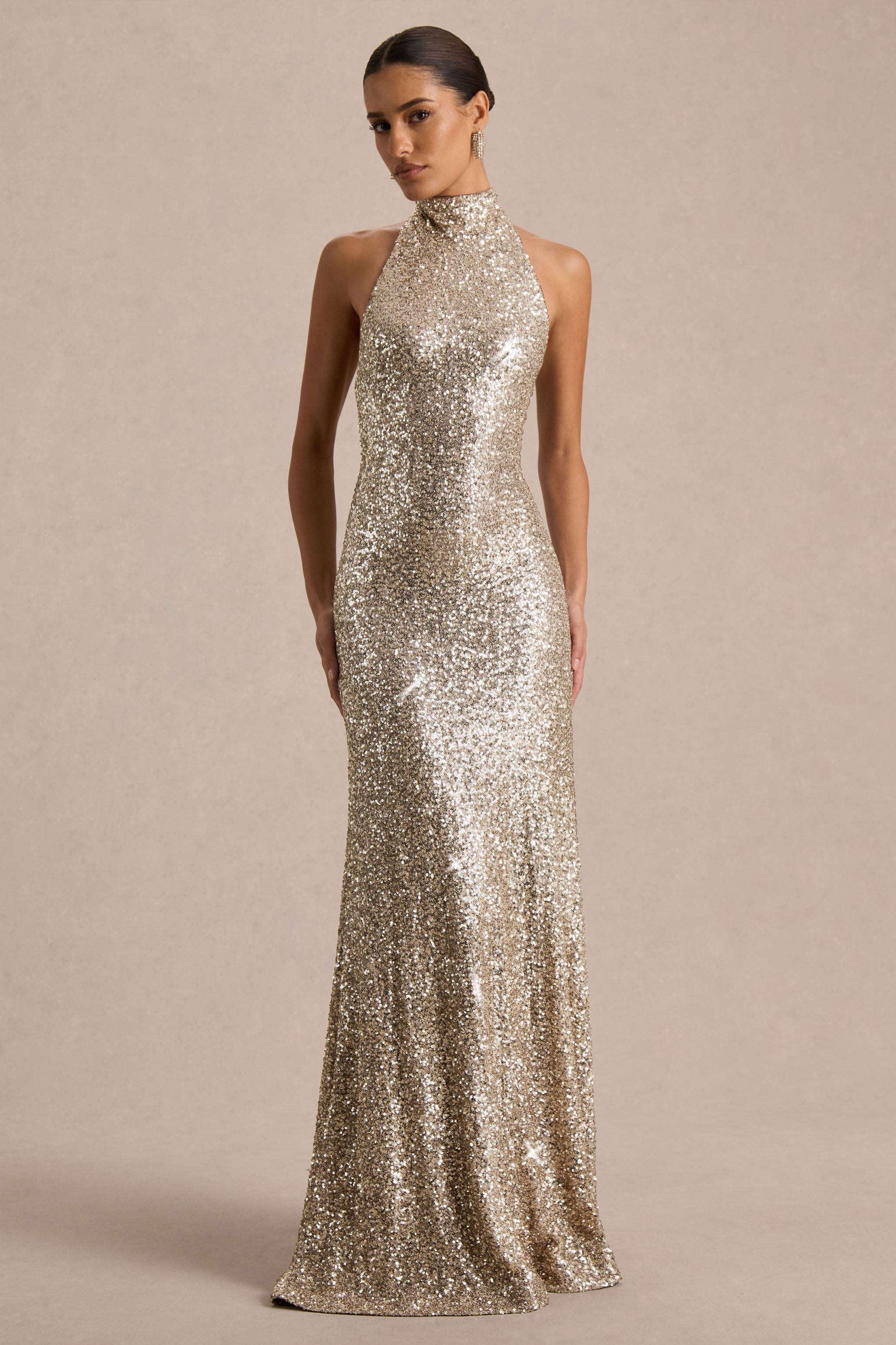Tulia | Gold Sequin High-Neck Maxi Dress