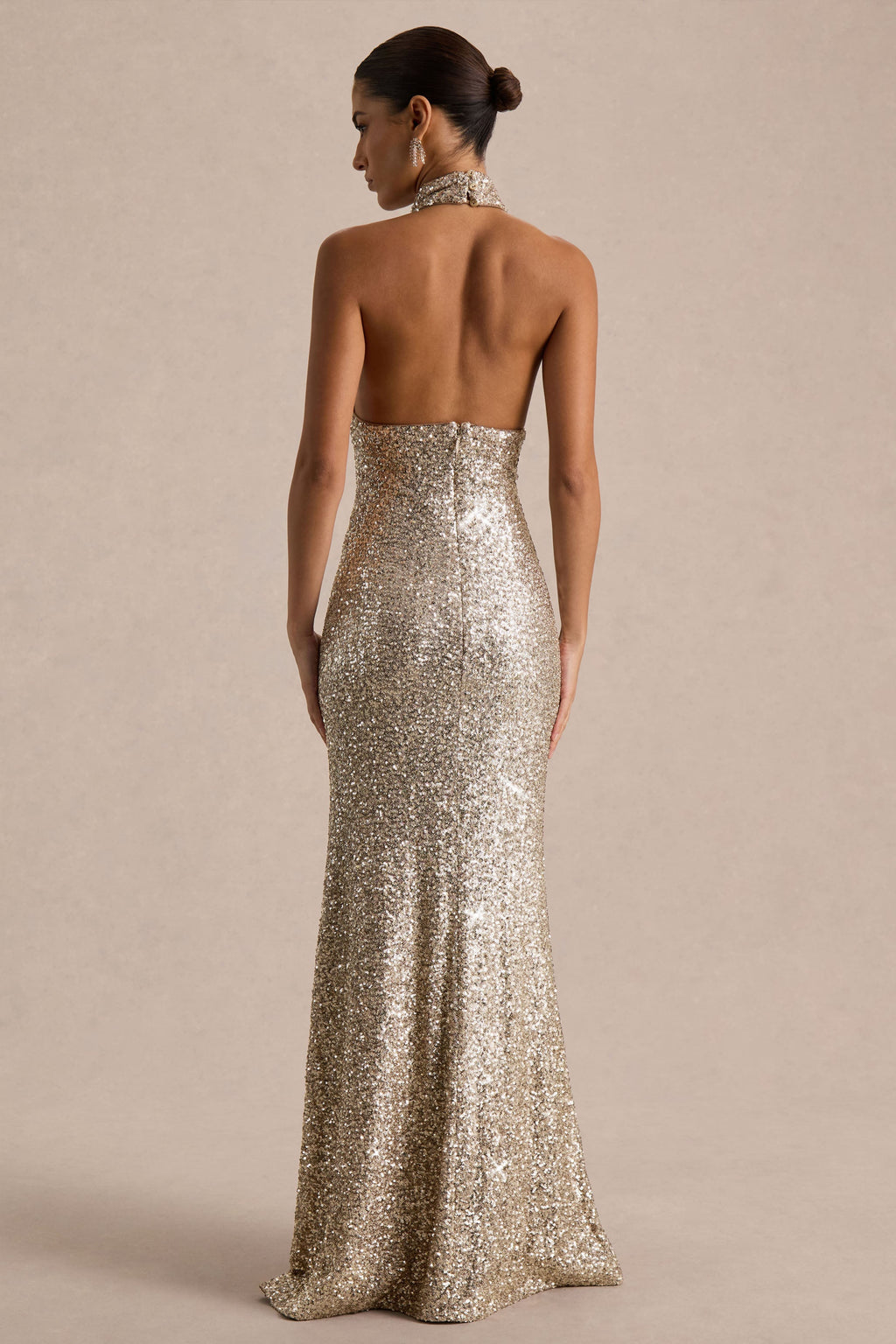 Tulia | Gold Sequin High-Neck Maxi Dress