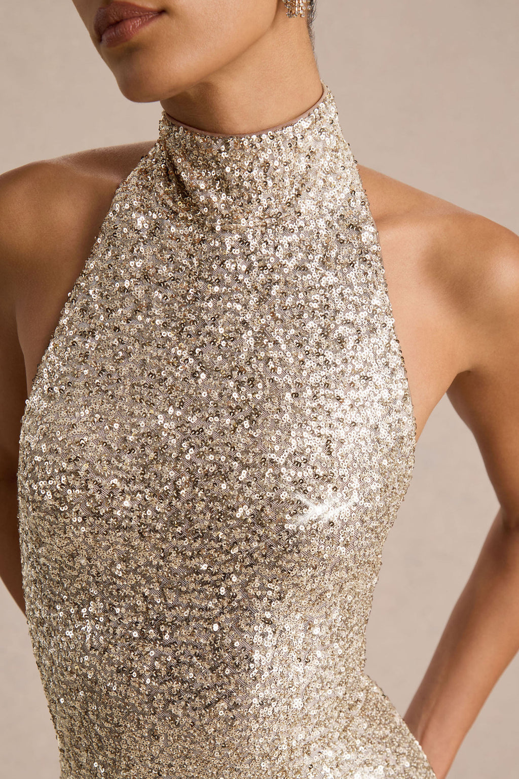 Tulia | Gold Sequin High-Neck Maxi Dress