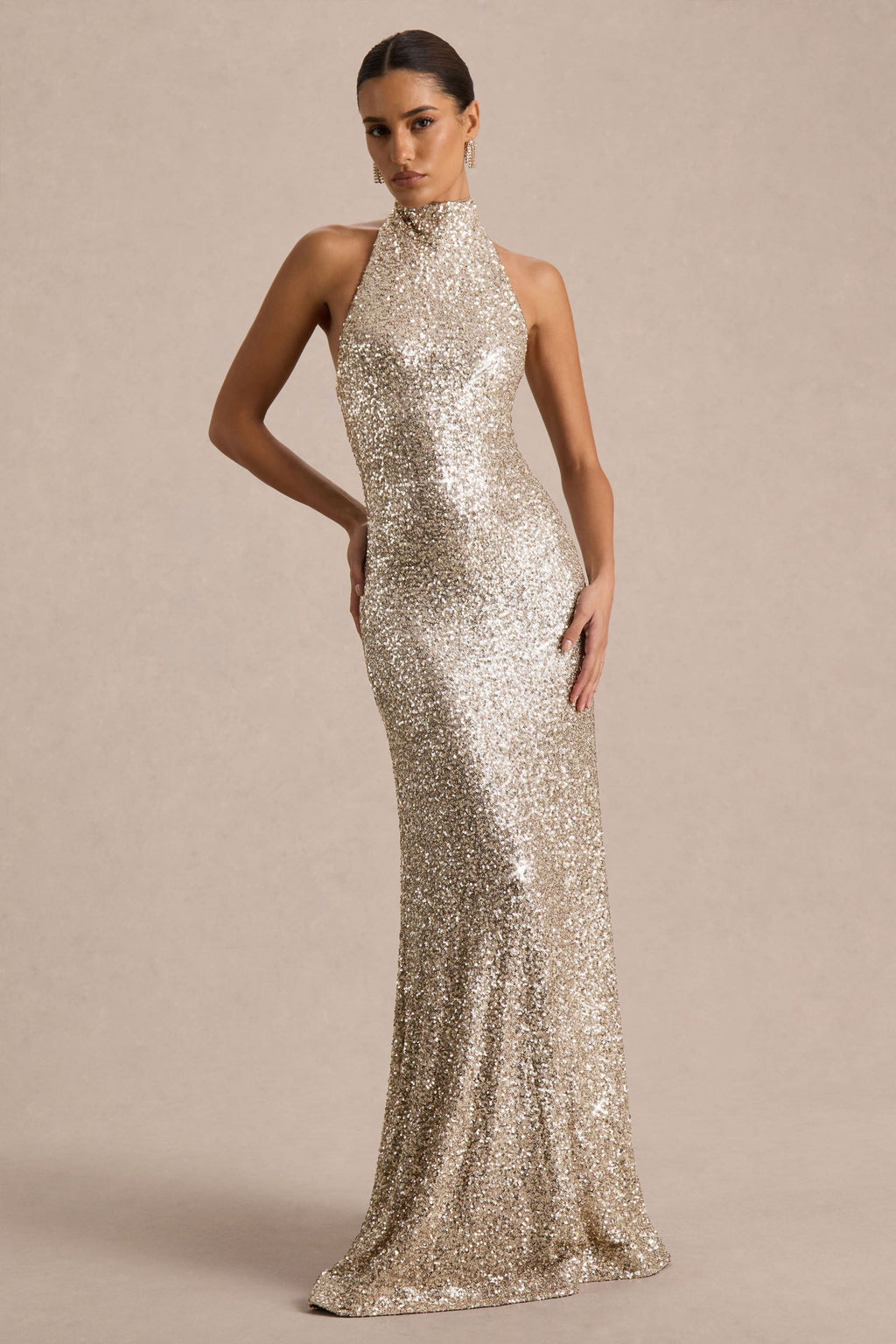 Tulia | Gold Sequin High-Neck Maxi Dress