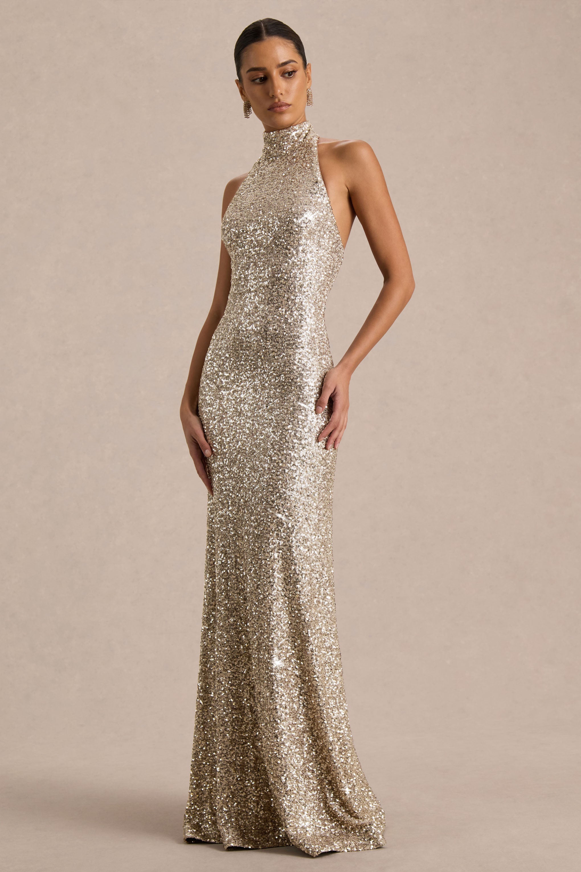 Tulia | Gold Sequin High-Neck Maxi Dress