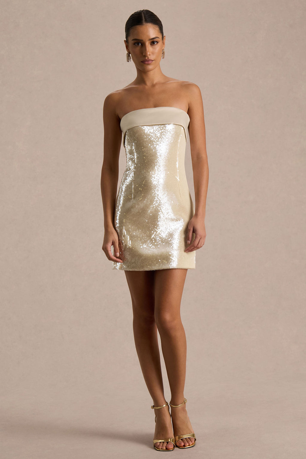 Casandra | Champagne Sequin Bandeau Mini Dress With Satin Trim