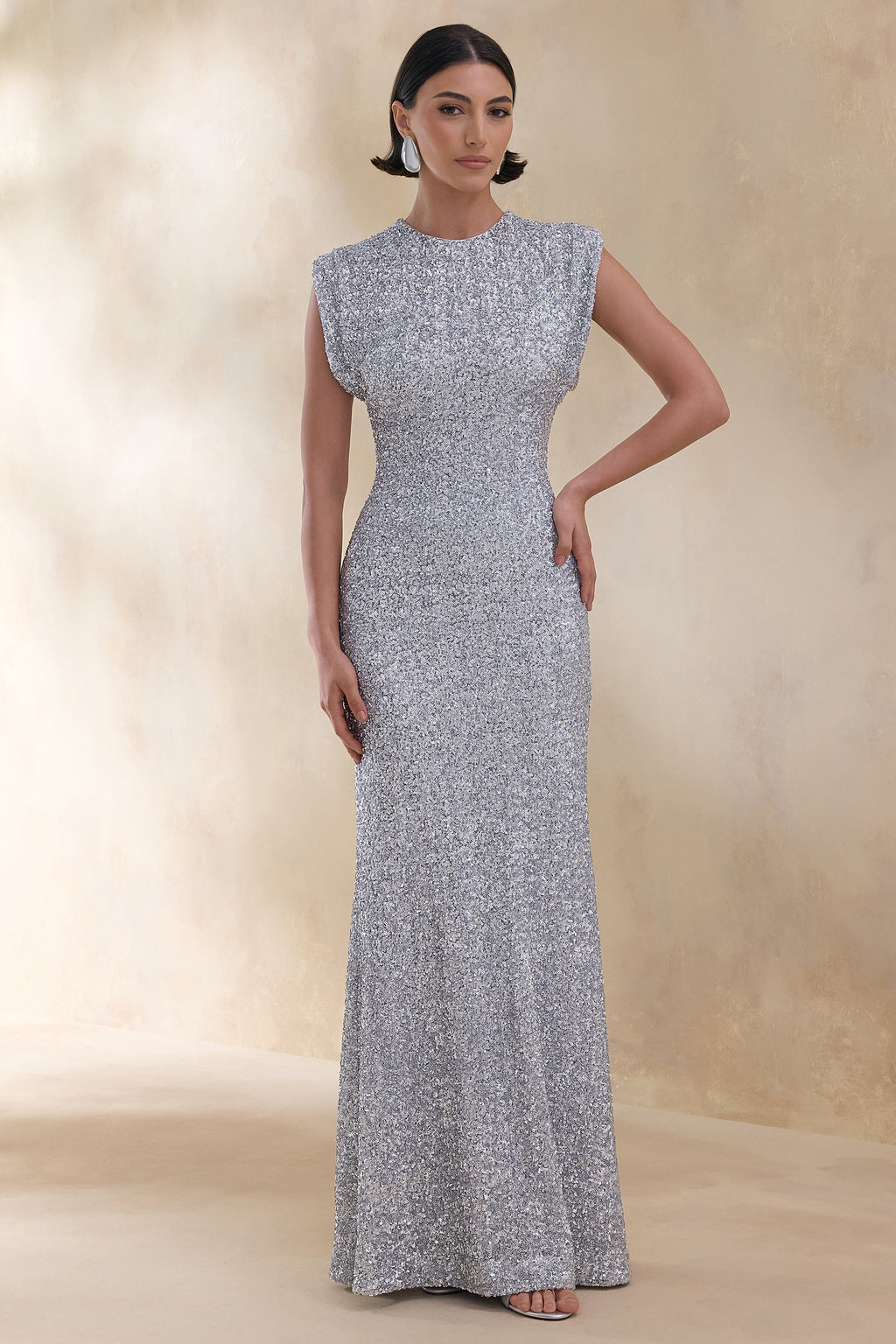 Aurah | Silver Sequin Crew-Neck Maxi Dress With Cap Sleeves