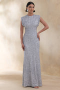 Aurah | Silver Sequin Crew-Neck Maxi Dress With Cap Sleeves