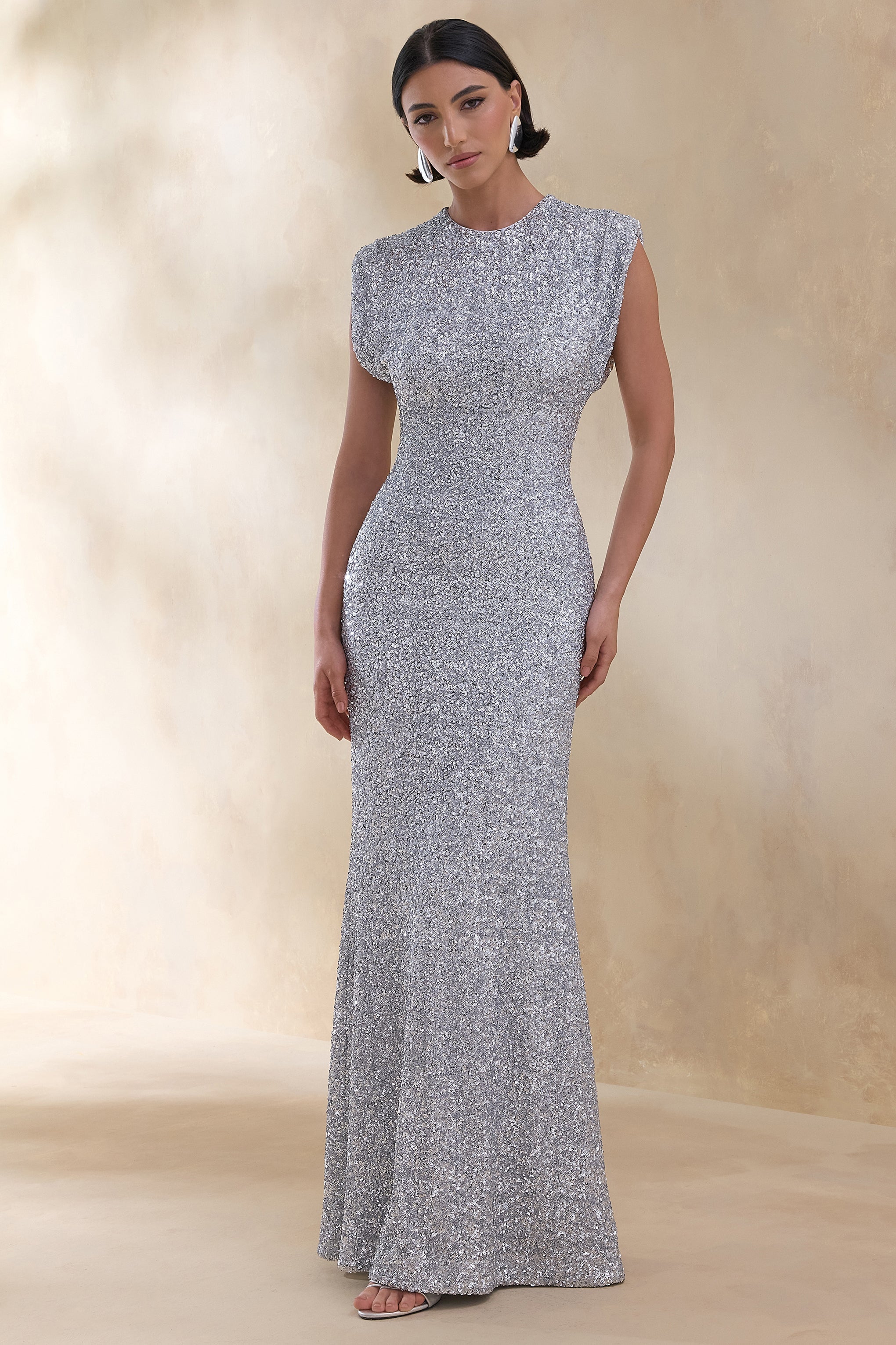 Aurah | Silver Sequin Crew-Neck Maxi Dress With Cap Sleeves