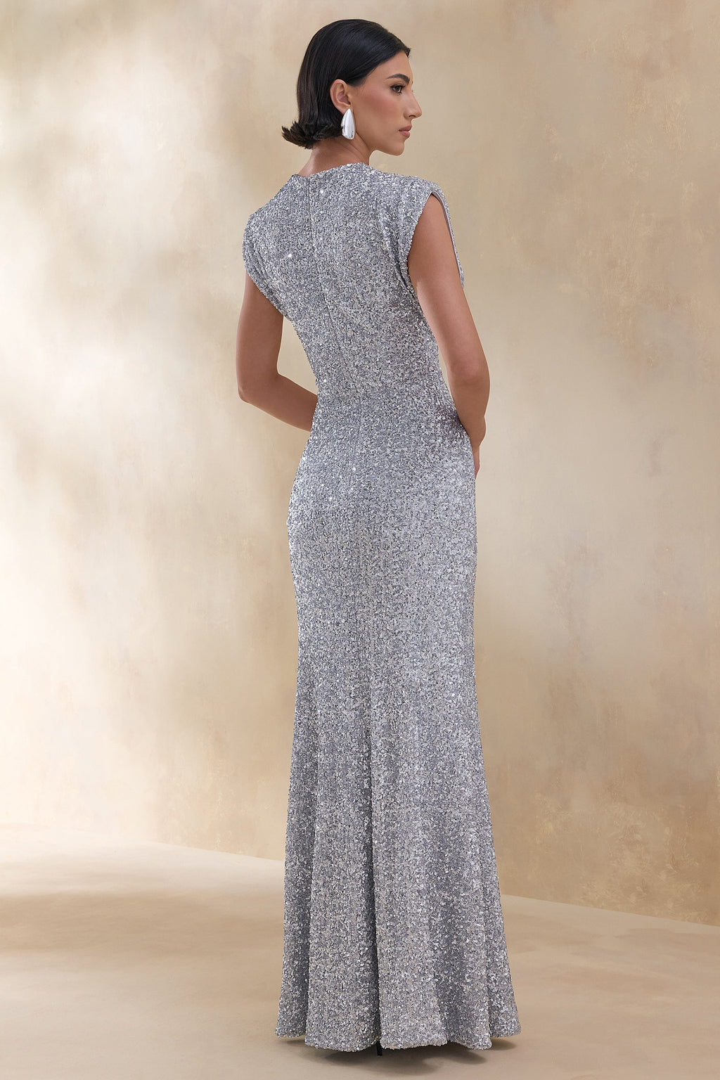 Aurah | Silver Sequin Crew-Neck Maxi Dress With Cap Sleeves