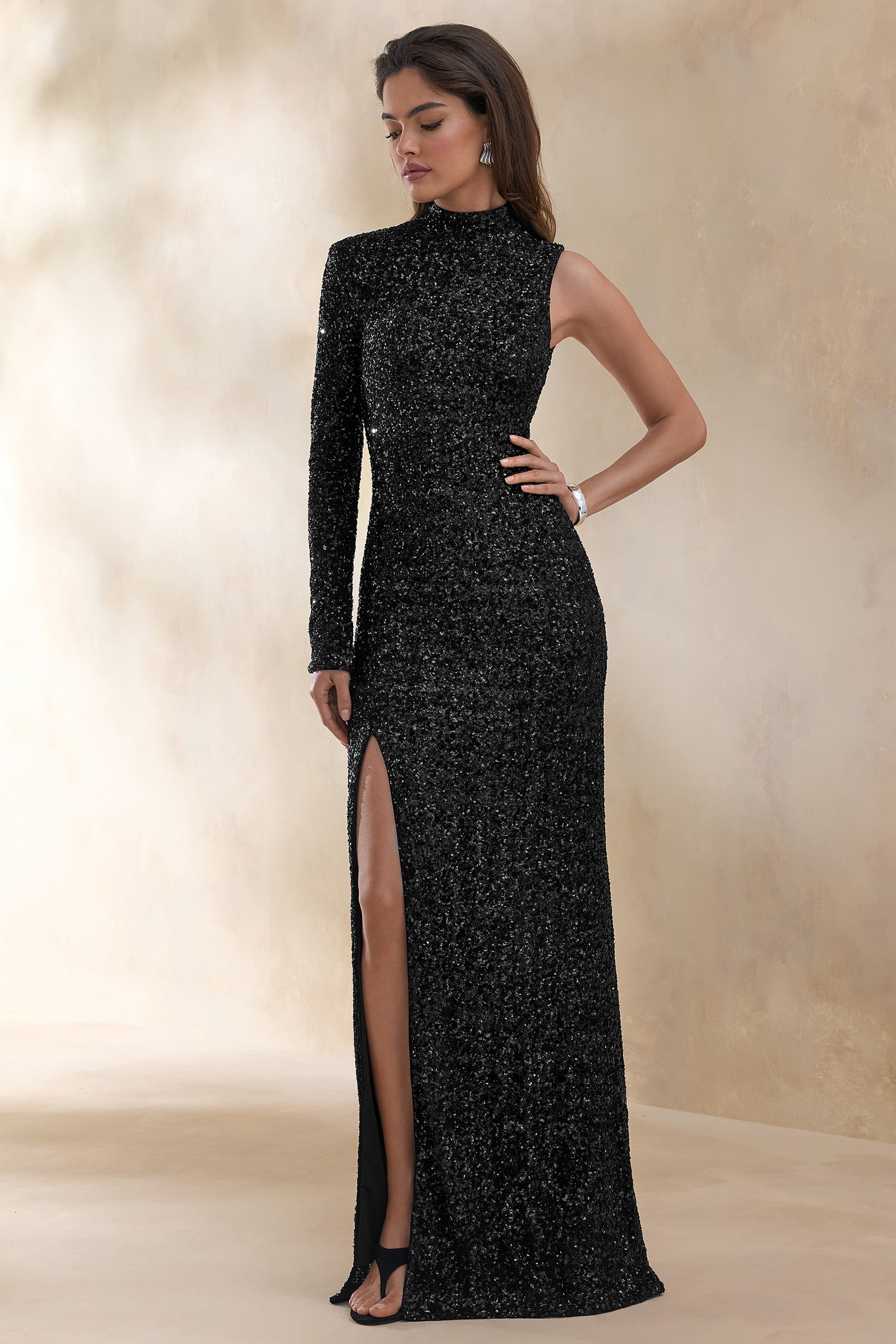 Mery | Black Sequin High-Neck Wrap Maxi Dress With One-Long Sleeve