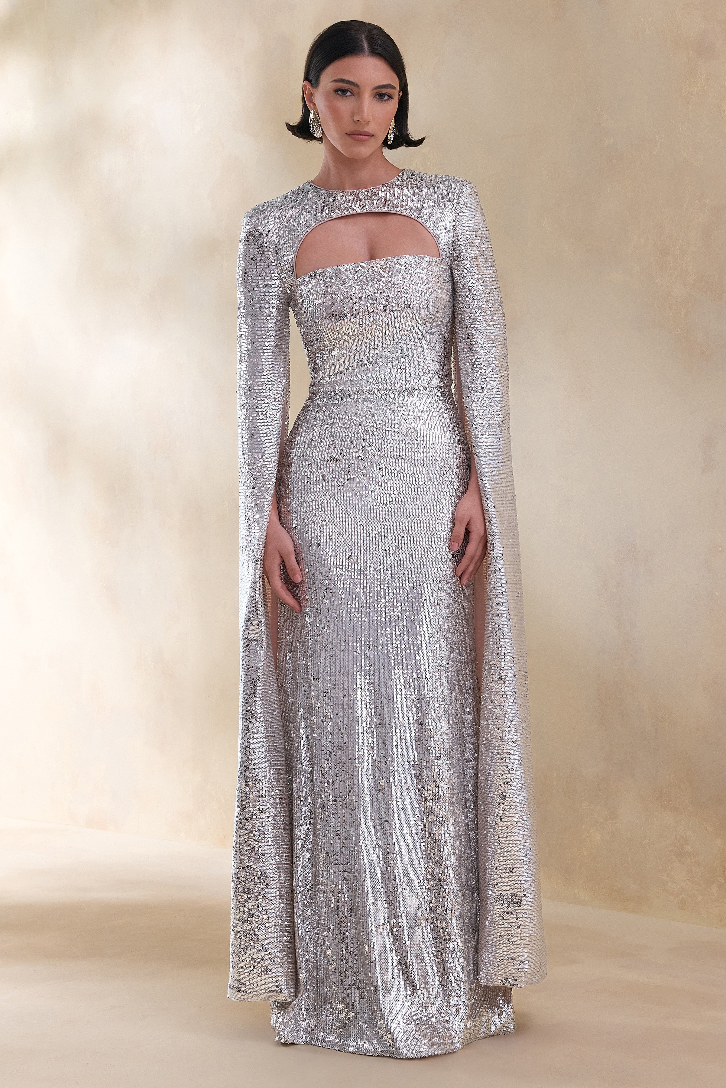 Devora | Silver Sequin Crew-Neck Maxi Dress With Cape Sleeves