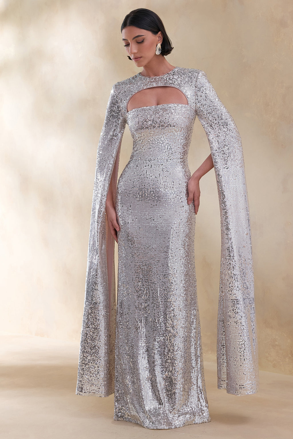 Devora | Silver Sequin Crew-Neck Maxi Dress With Cape Sleeves