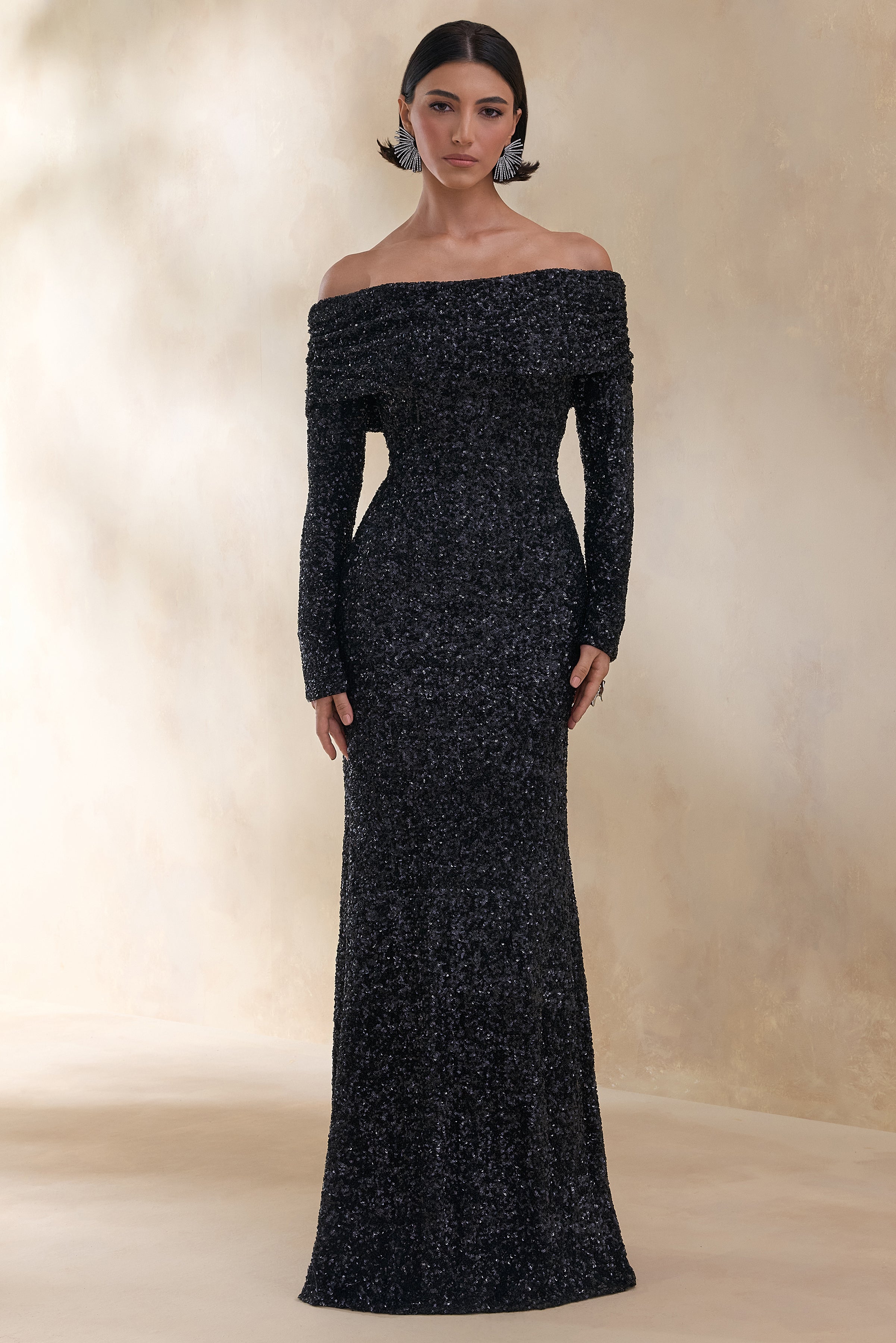 Obsession | Black Sequin Bardot-Neck Maxi Dress With Long Sleeves
