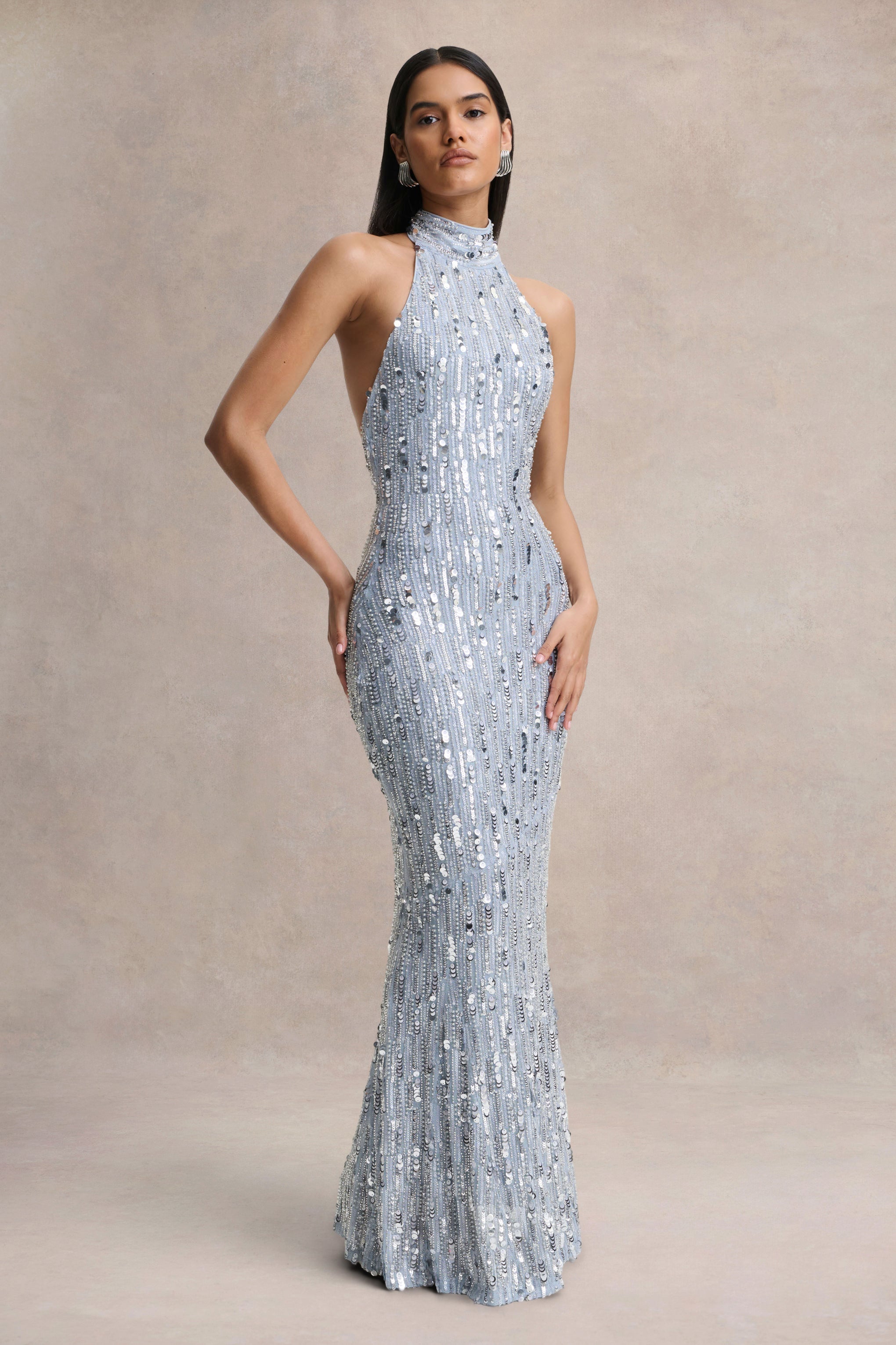 Zaira | Silver Sequin High-Neck Maxi Dress With Open-Back