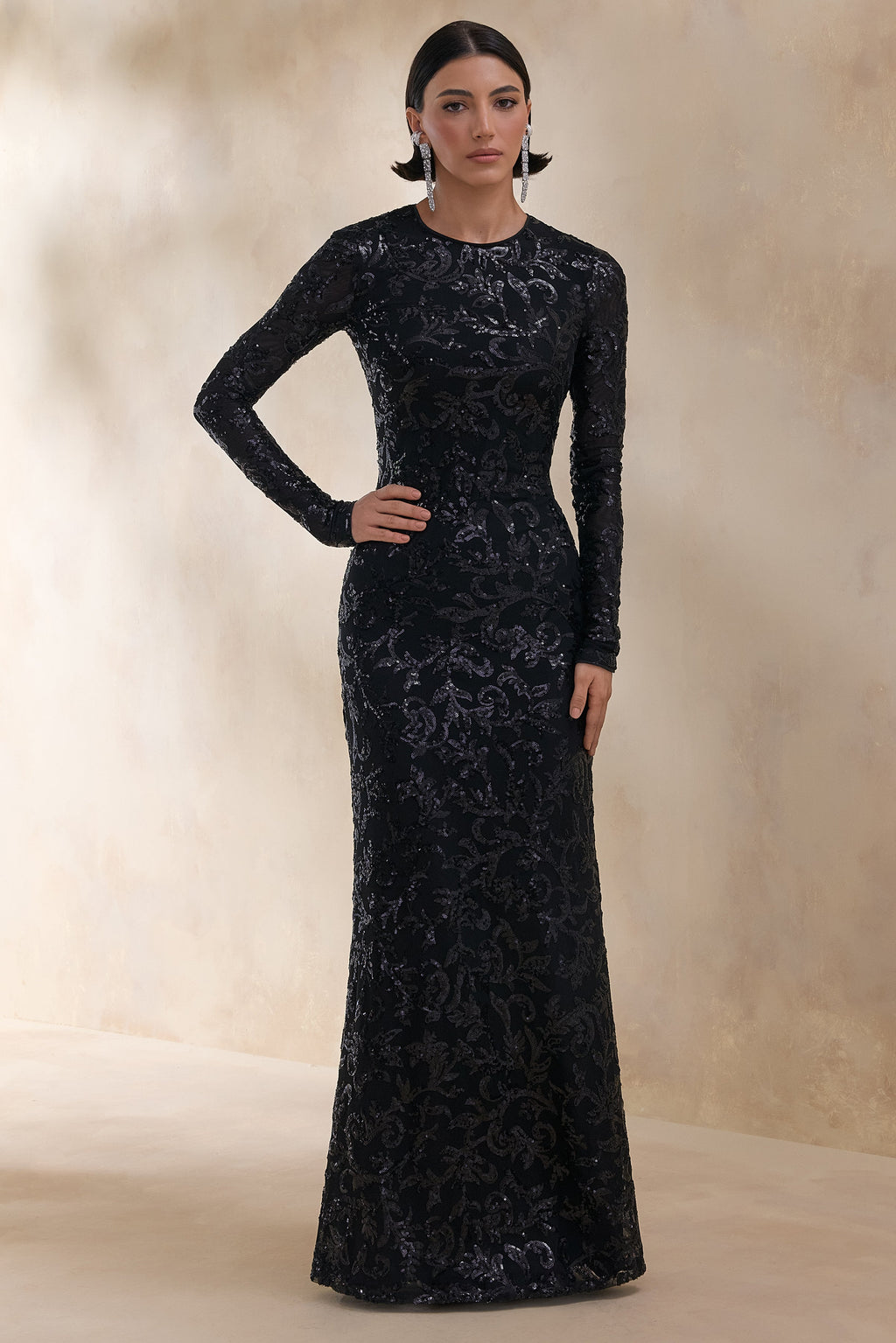 Stellar | Black Embellished Lace High-Neck Maxi Dress With Long Sleeves