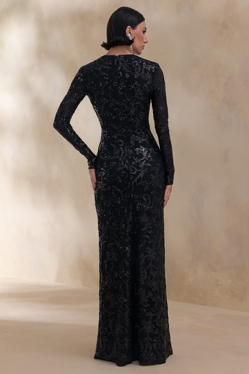 Stellar | Black Embellished Lace High-Neck Maxi Dress With Long Sleeves
