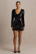 Ritz | Black Sequin Plunge-Neck Mini Dress With Long Sleeves