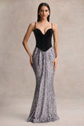 Aeris | Black Velvet And Silver Sequin Plunge-Neck Maxi Dress