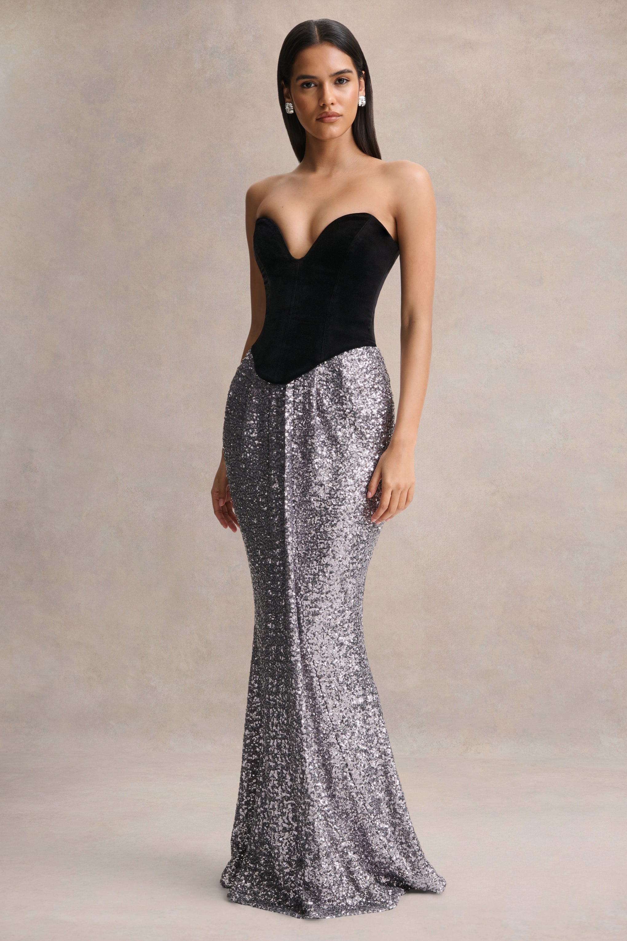 Aeris | Black Velvet And Silver Sequin Plunge-Neck Maxi Dress