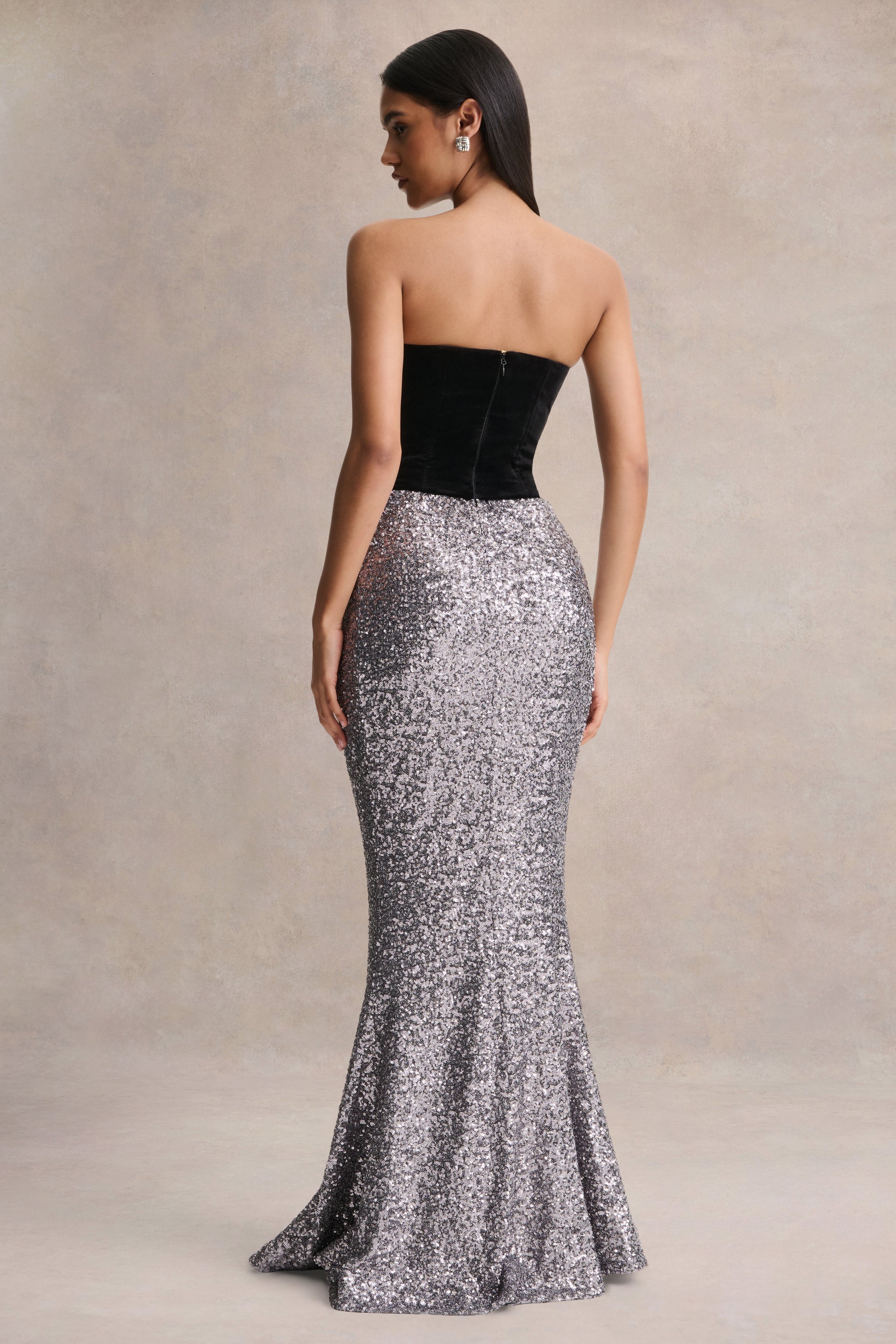 Aeris | Black Velvet And Silver Sequin Plunge-Neck Maxi Dress