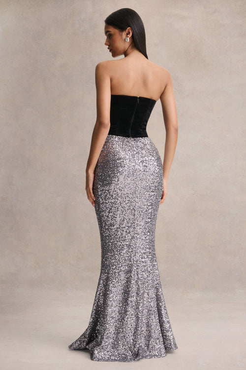 Aeris | Black Velvet And Silver Sequin Plunge-Neck Maxi Dress