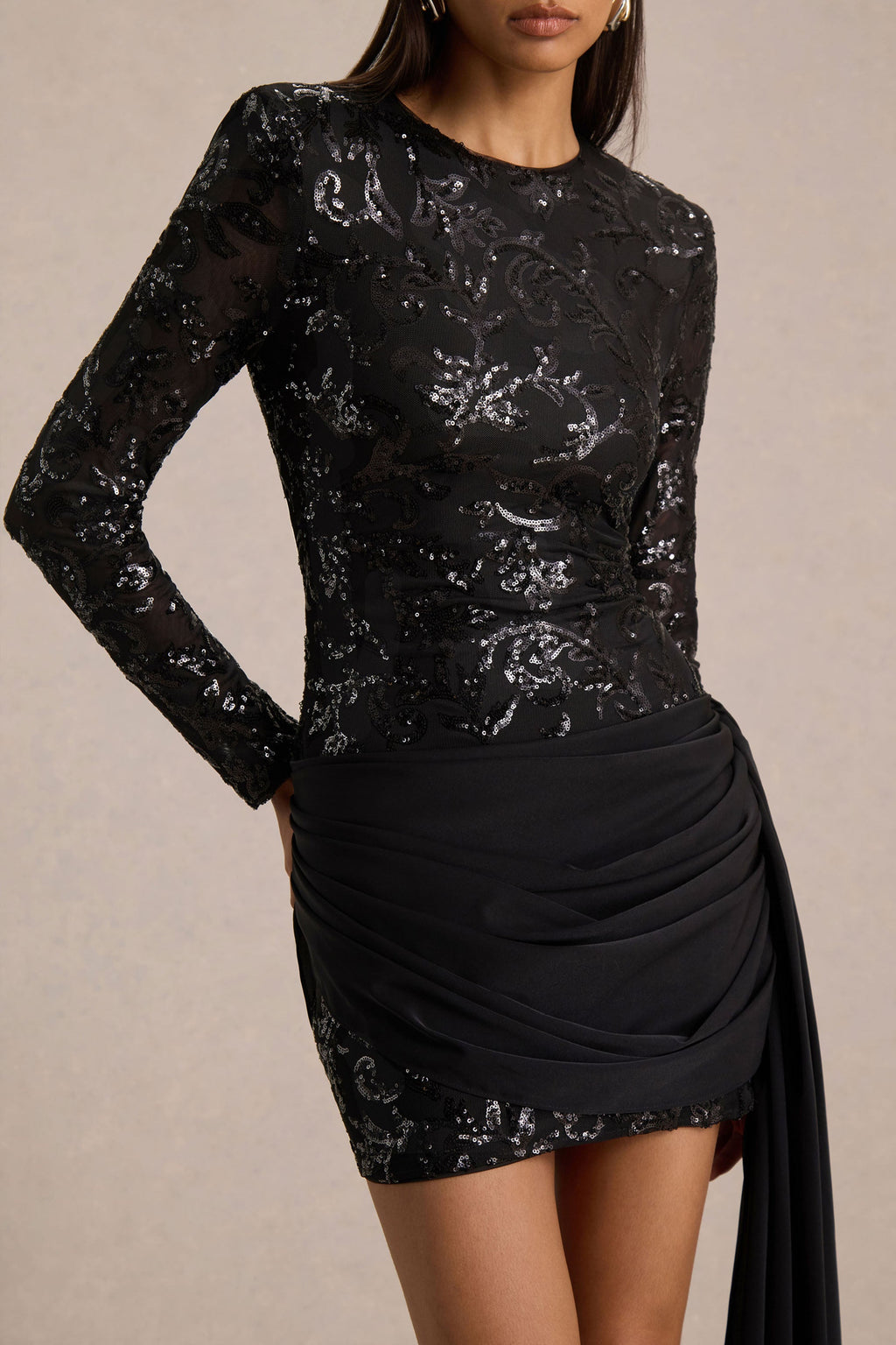 Florecita | Black Embellished Lace Crew-Neck Mini Dress With Sash Detail