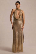 Anele | Gold Sequin High-Neck Sheer Maxi Dress With Sash And Open-Back
