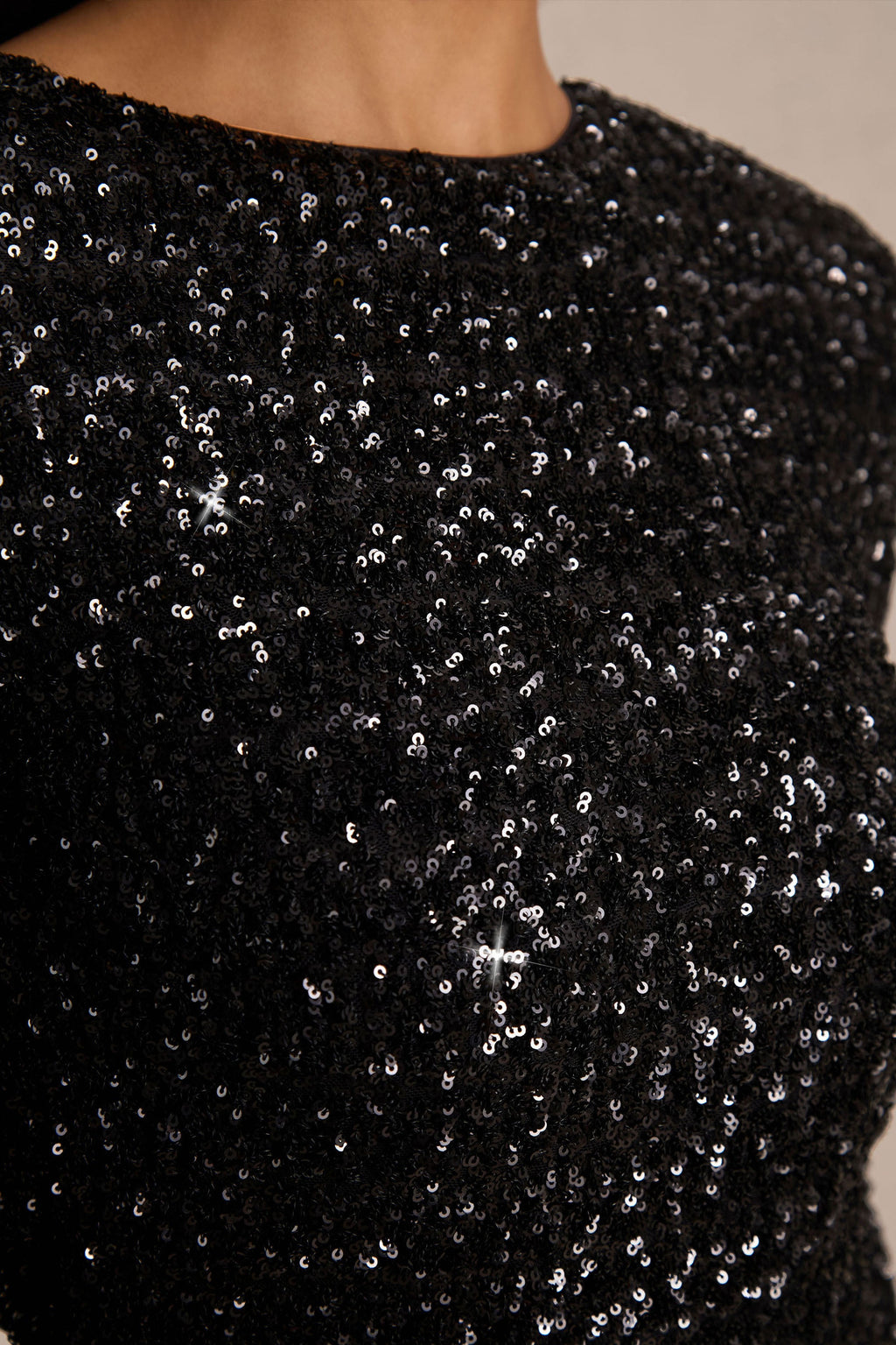 Mercedes | Black Sequin Boat-Neck Mini Dress With Draped Detail And Open Back