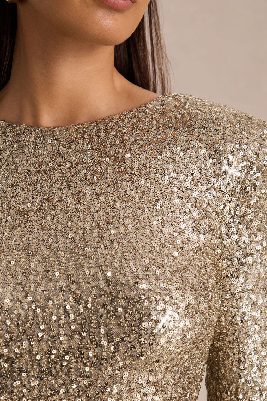 Mercedes | Champagne Sequin Boat-Neck Mini Dress With Draped Detail And Open Back