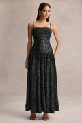 Allora | Black Sequin Square-Neck Maxi Dress With Pleated Skirt