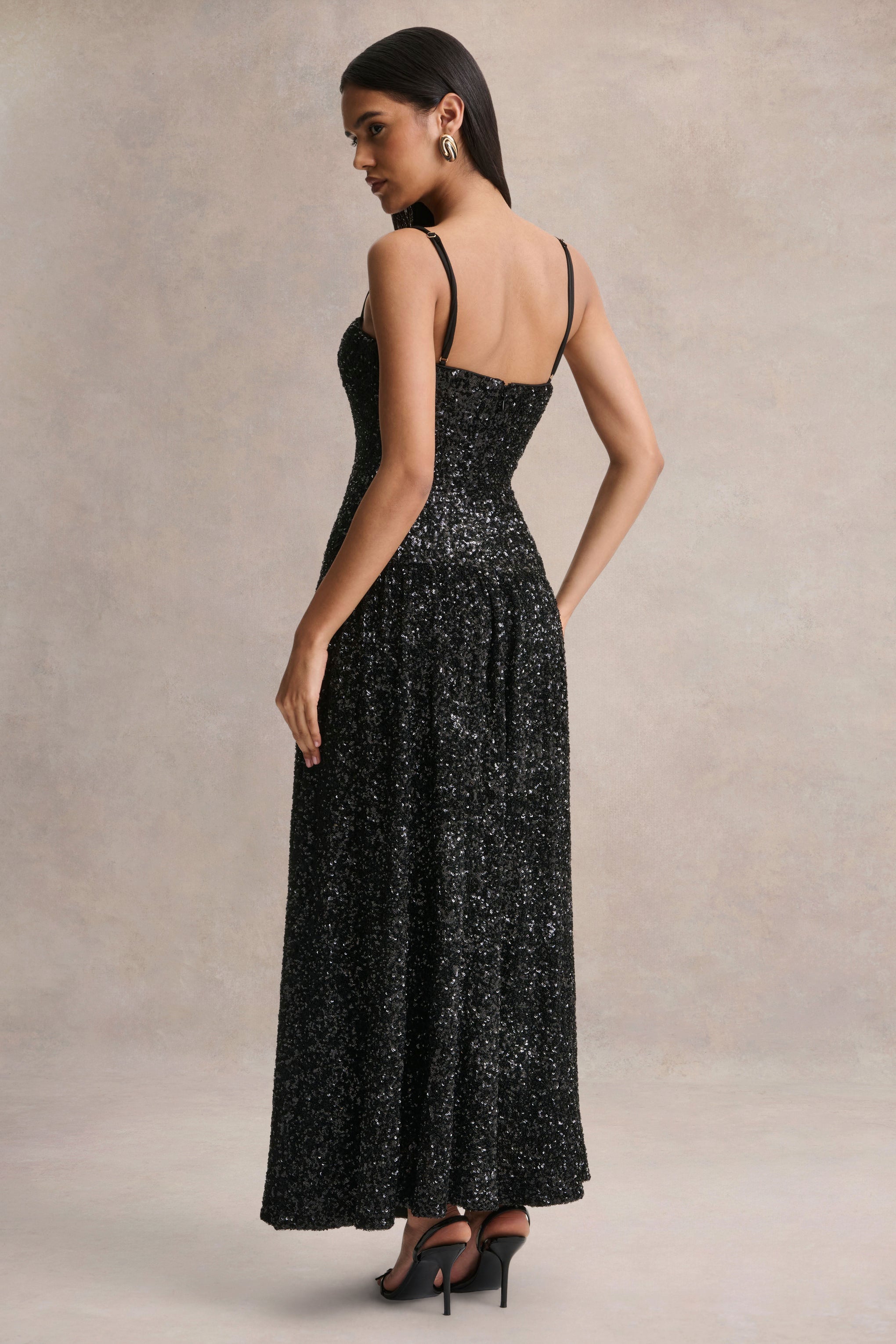 Allora | Black Sequin Square-Neck Maxi Dress With Pleated Skirt
