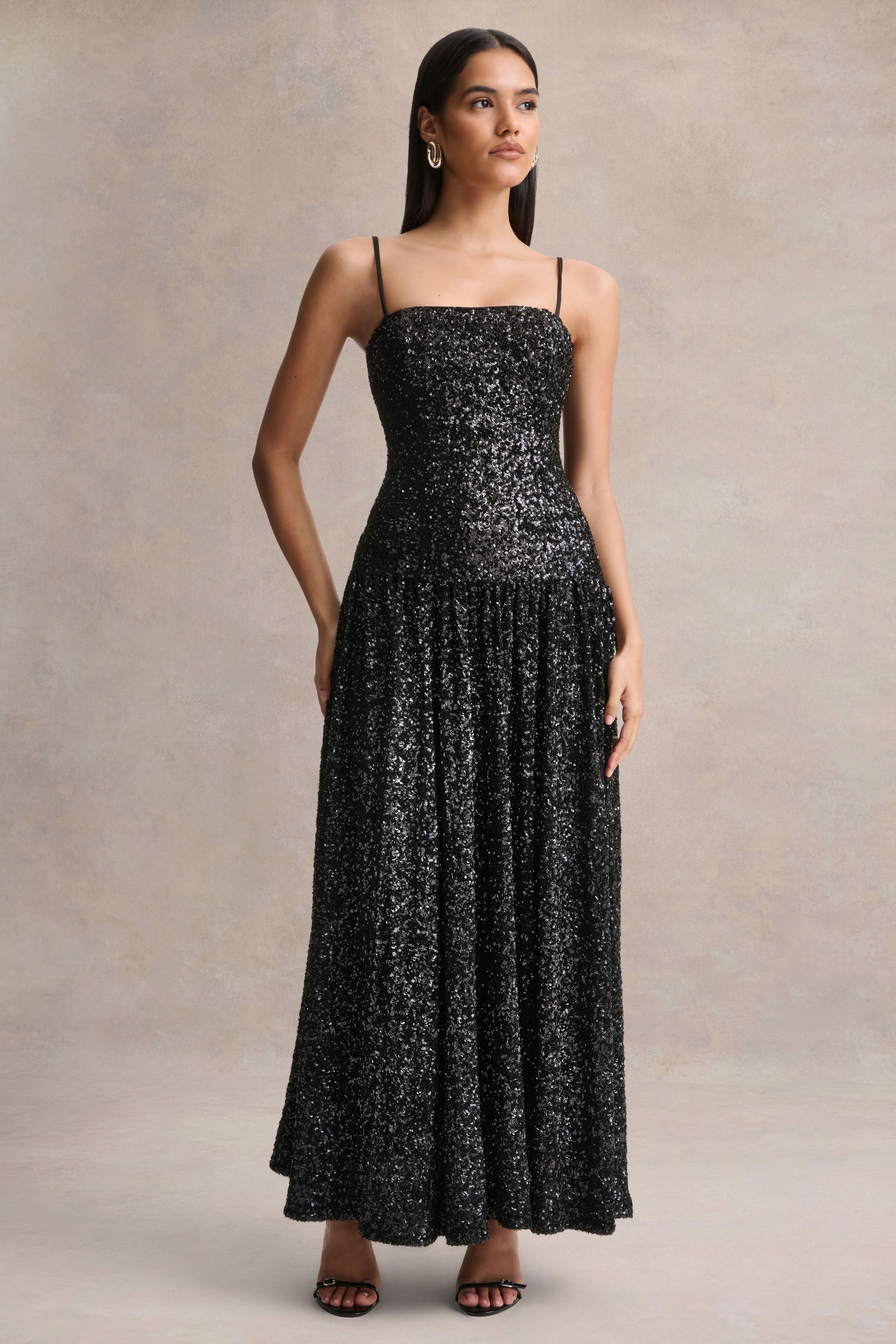 Allora | Black Sequin Square-Neck Maxi Dress With Pleated Skirt